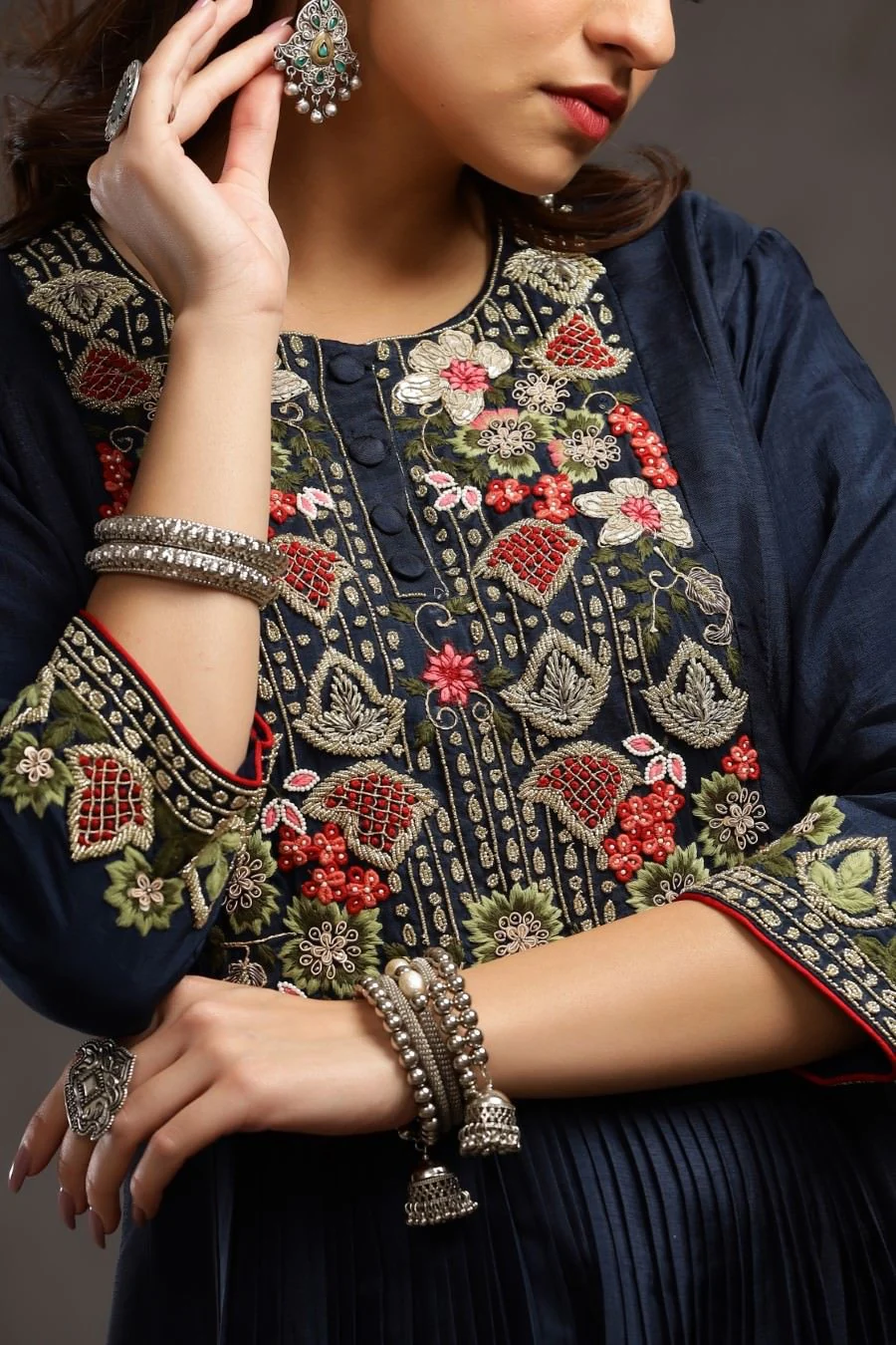 Navy Blue Muslin Silk Kalidar And Pleating Gown - Image 3