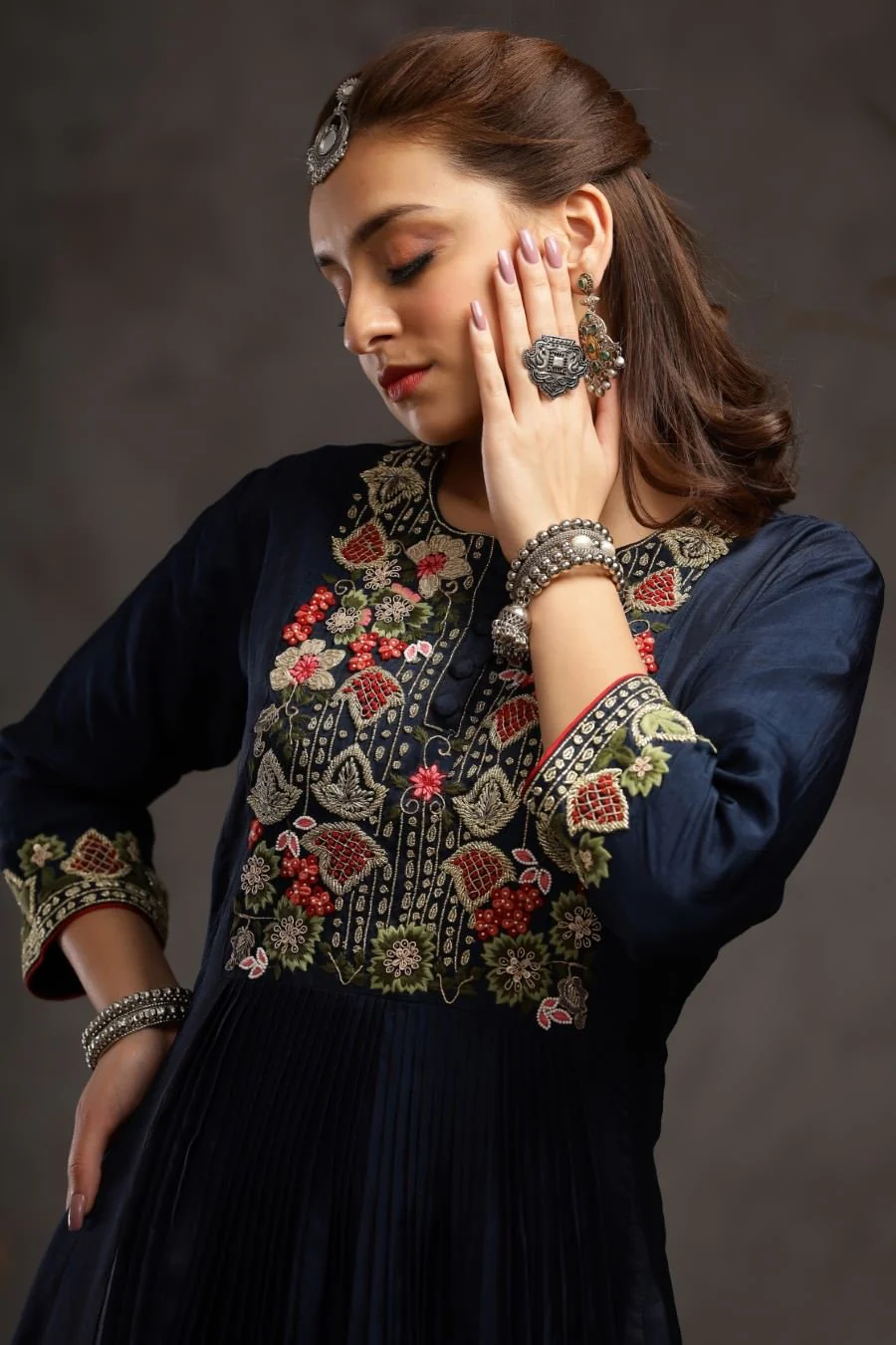 Navy Blue Muslin Silk Kalidar And Pleating Gown - Image 4