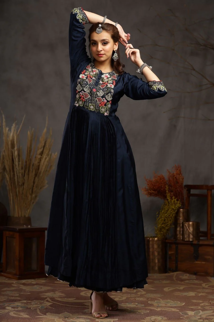 Navy Blue Muslin Silk Kalidar And Pleating Gown - Image 5