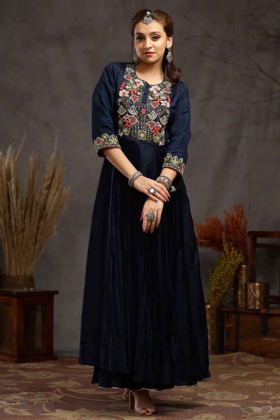 Navy Blue Muslin Silk Kalidar And Pleating Gown - Image 6