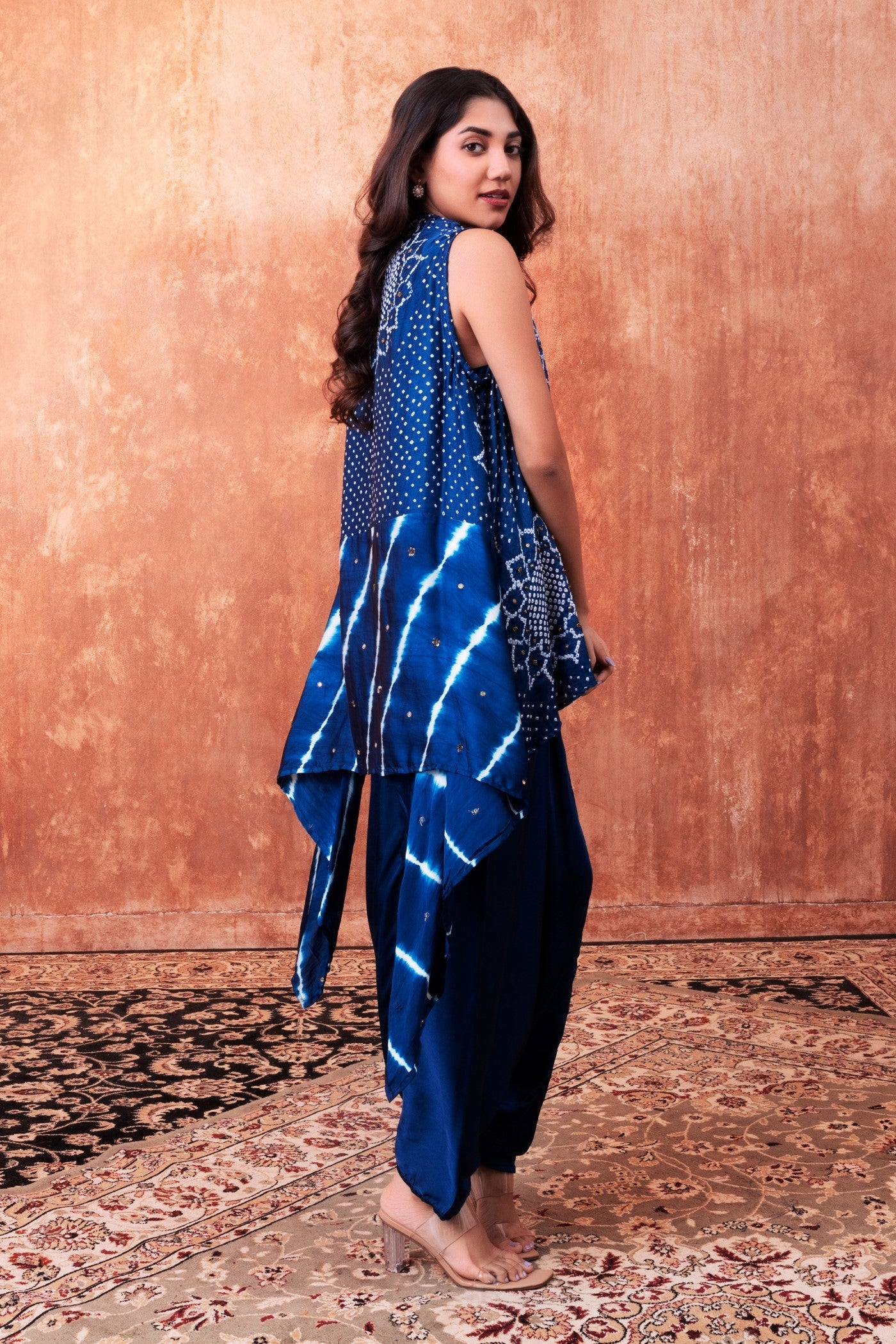 Navy Blue Printed Embellished Cape Set - Image 3