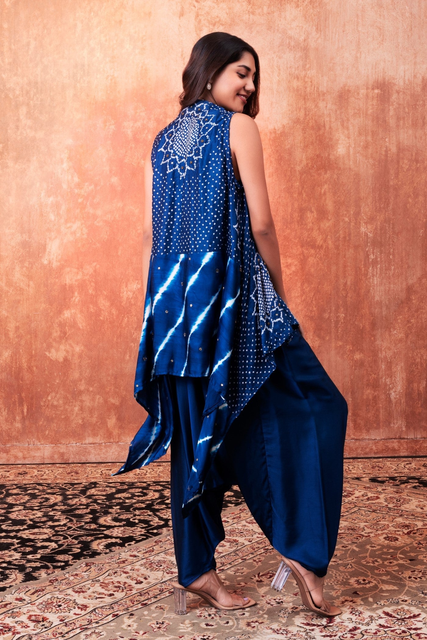 Navy Blue Printed Embellished Cape Set - Image 4