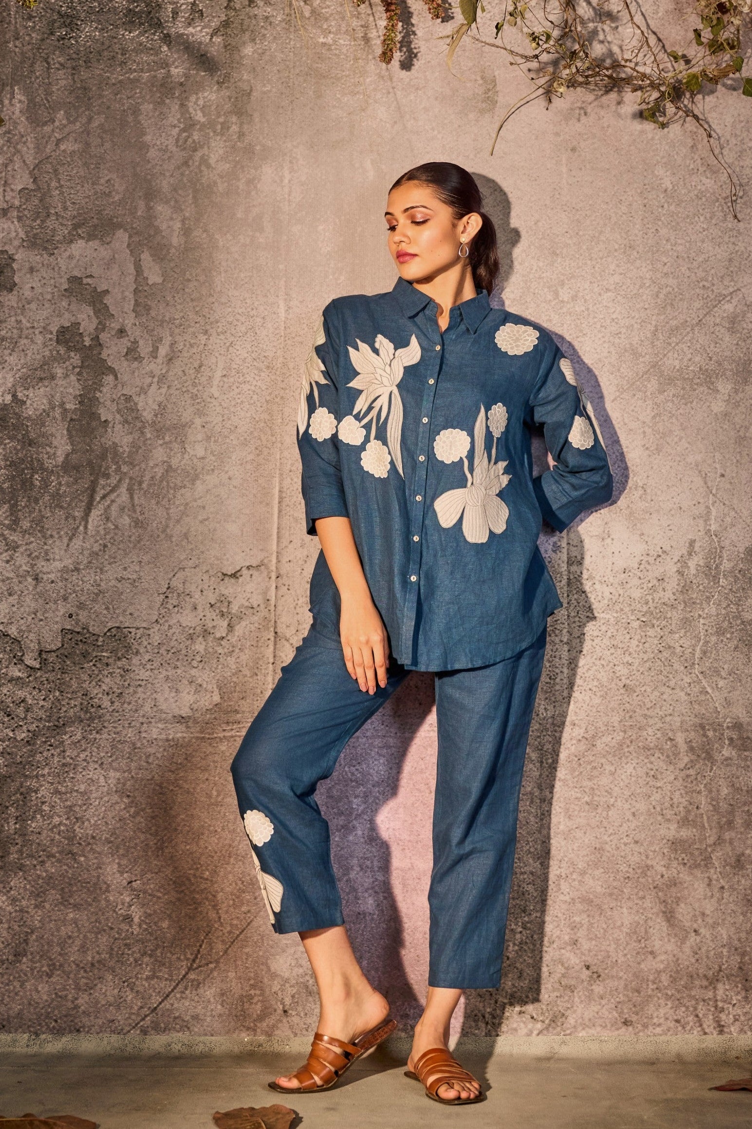 Denim Blue Printed Linen Co-ord Set - Image 3