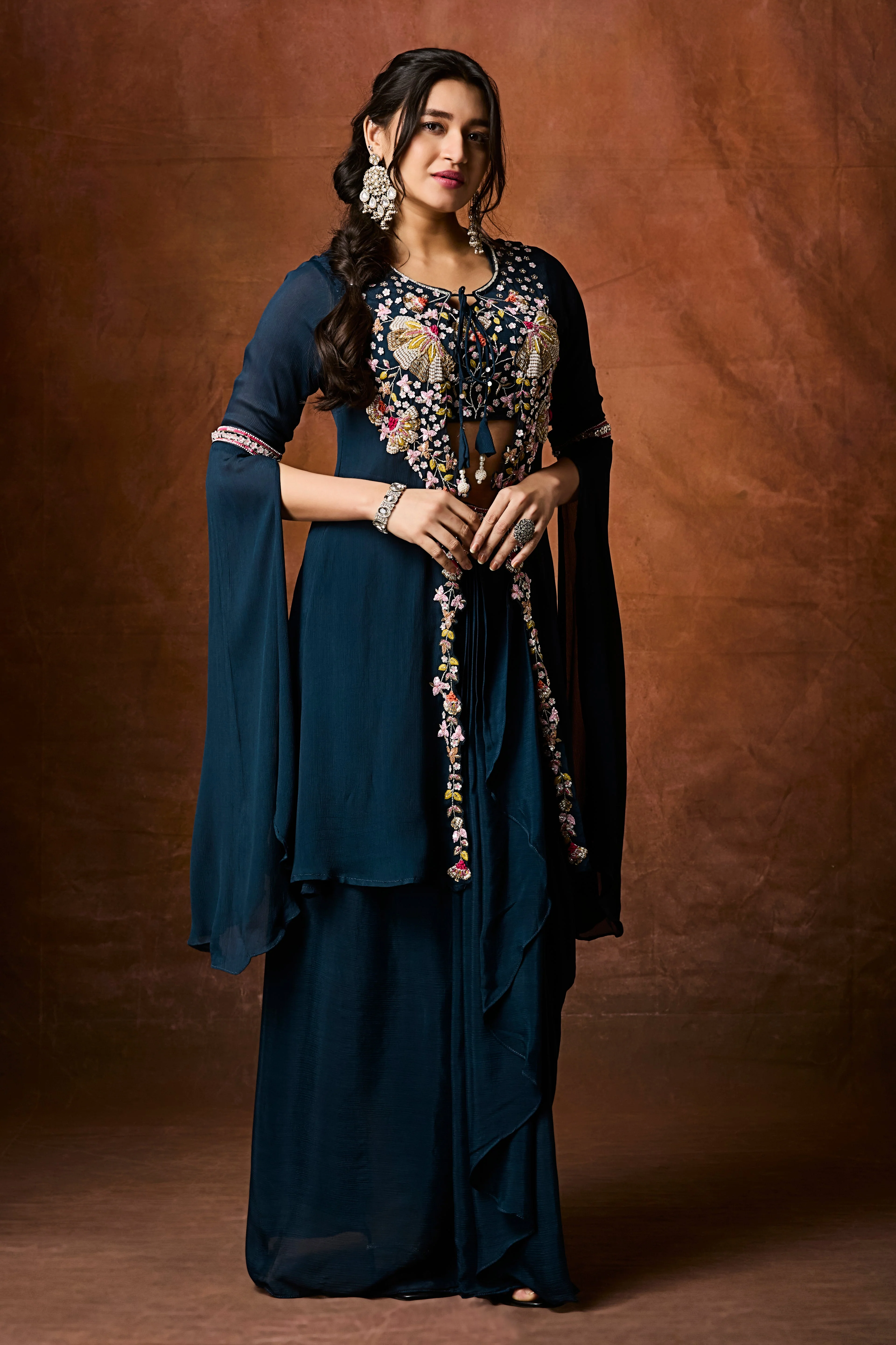 Navy Teal Embellished Chinon Silk Drape Skirt Set