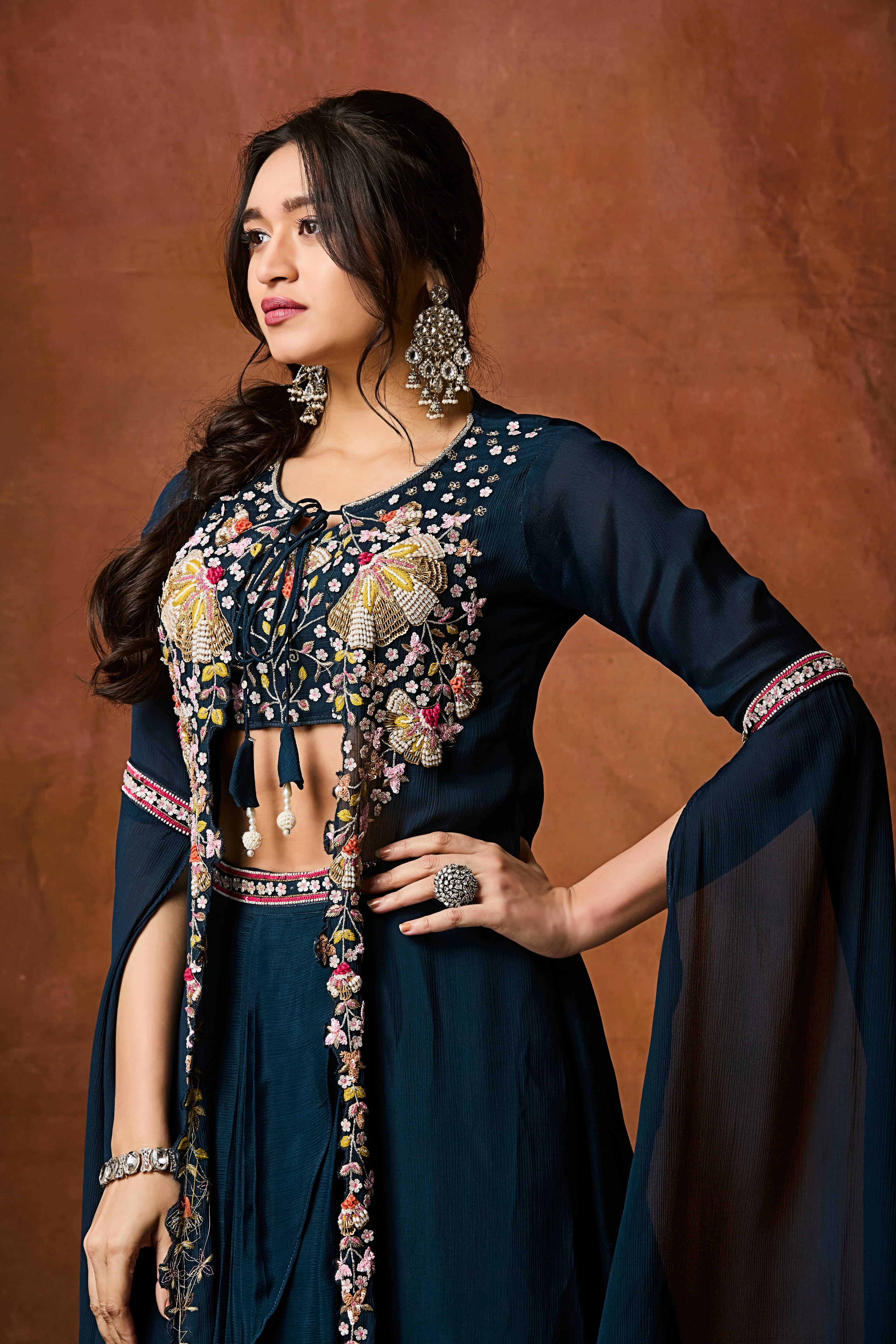 Navy Teal Embellished Chinon Silk Drape Skirt Set - Image 2