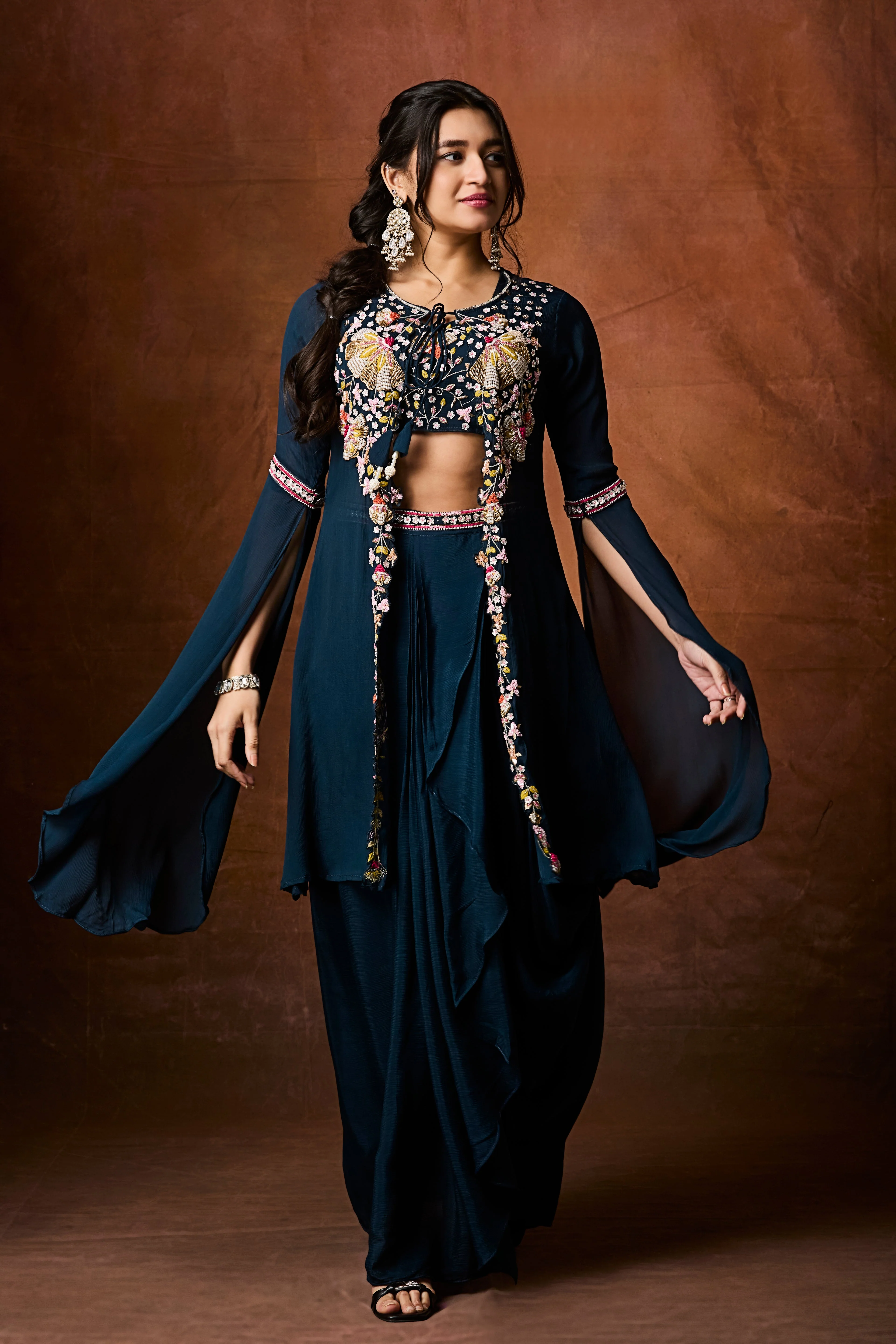 Navy Teal Embellished Chinon Silk Drape Skirt Set - Image 3