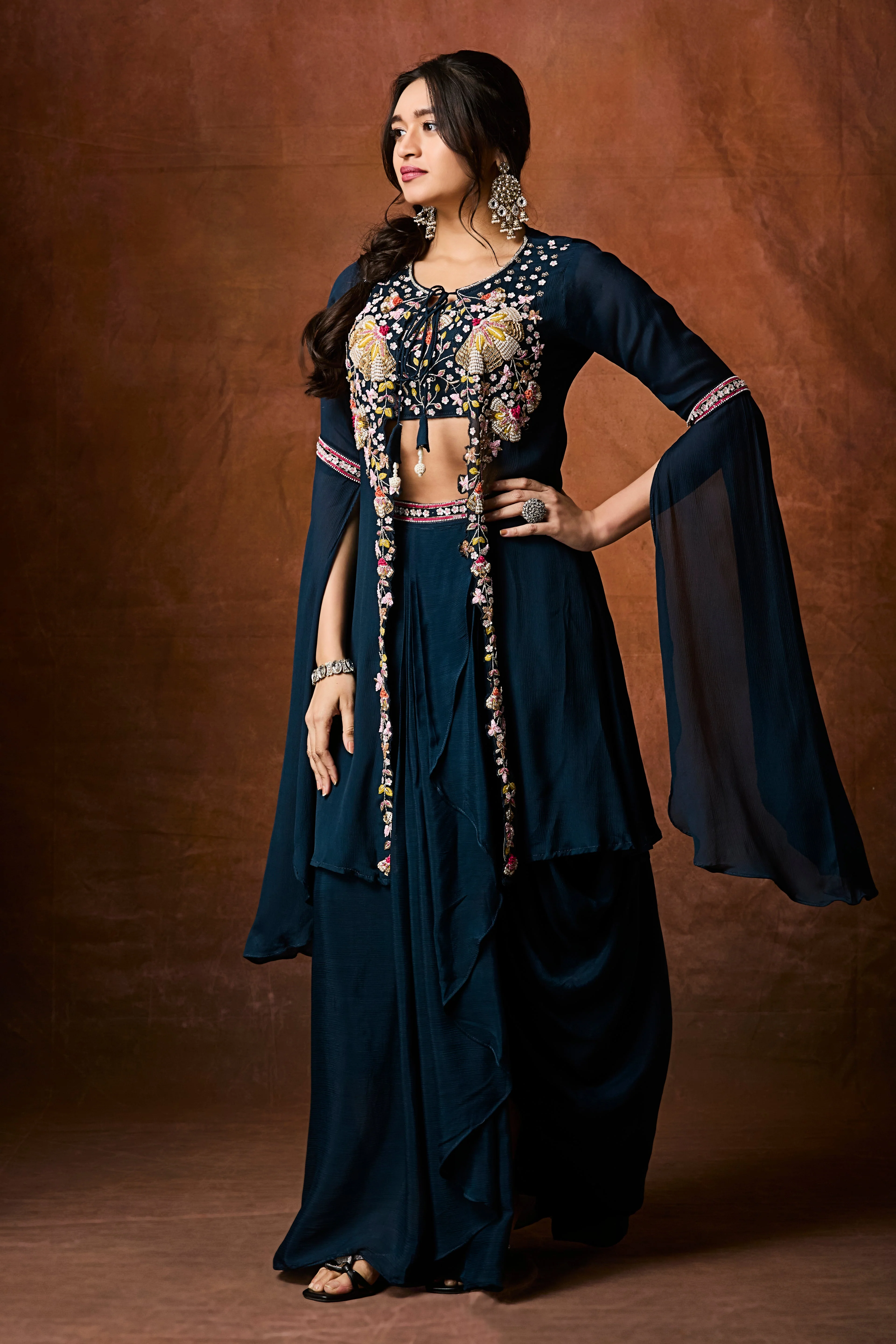 Navy Teal Embellished Chinon Silk Drape Skirt Set - Image 4