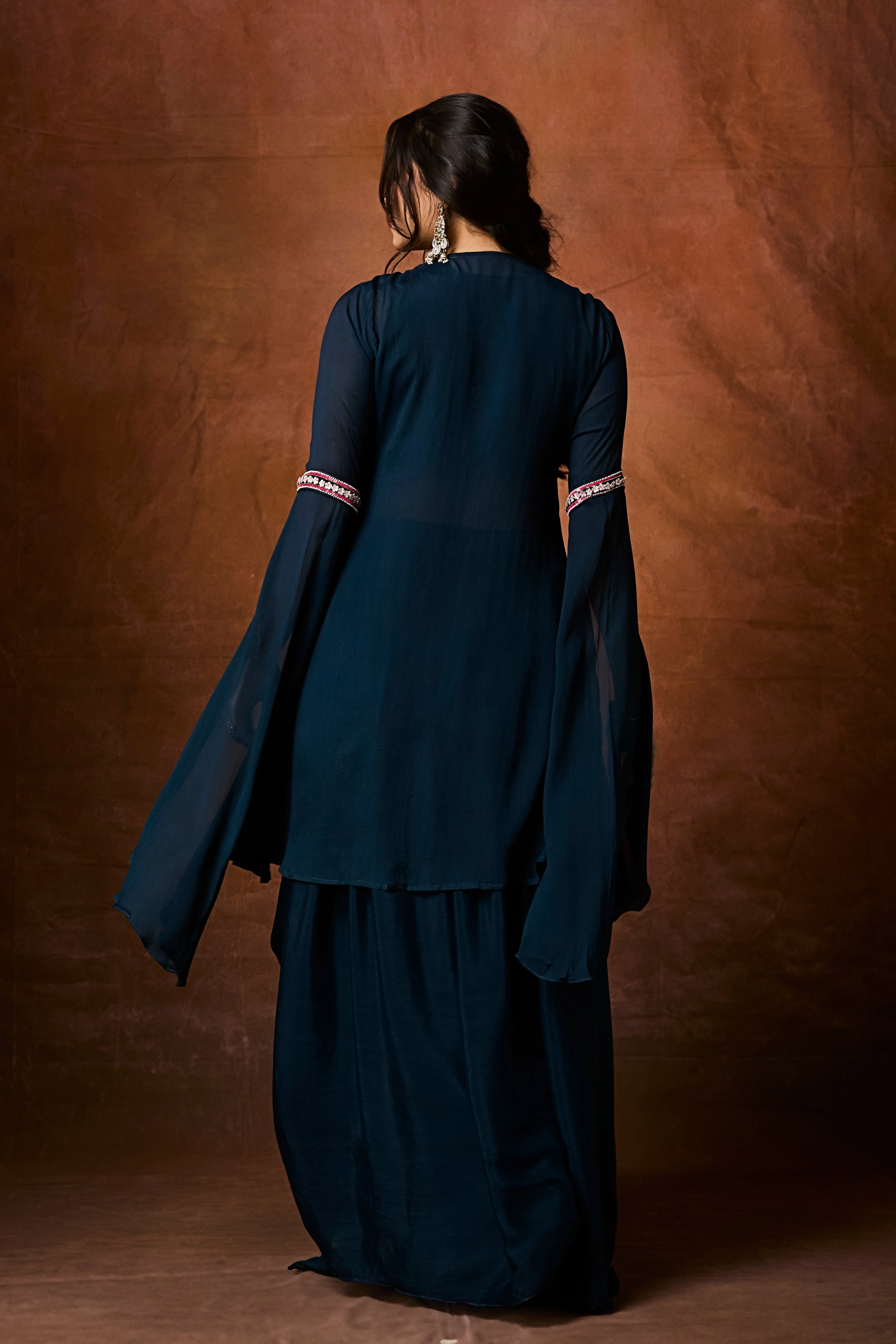 Navy Teal Embellished Chinon Silk Drape Skirt Set - Image 5