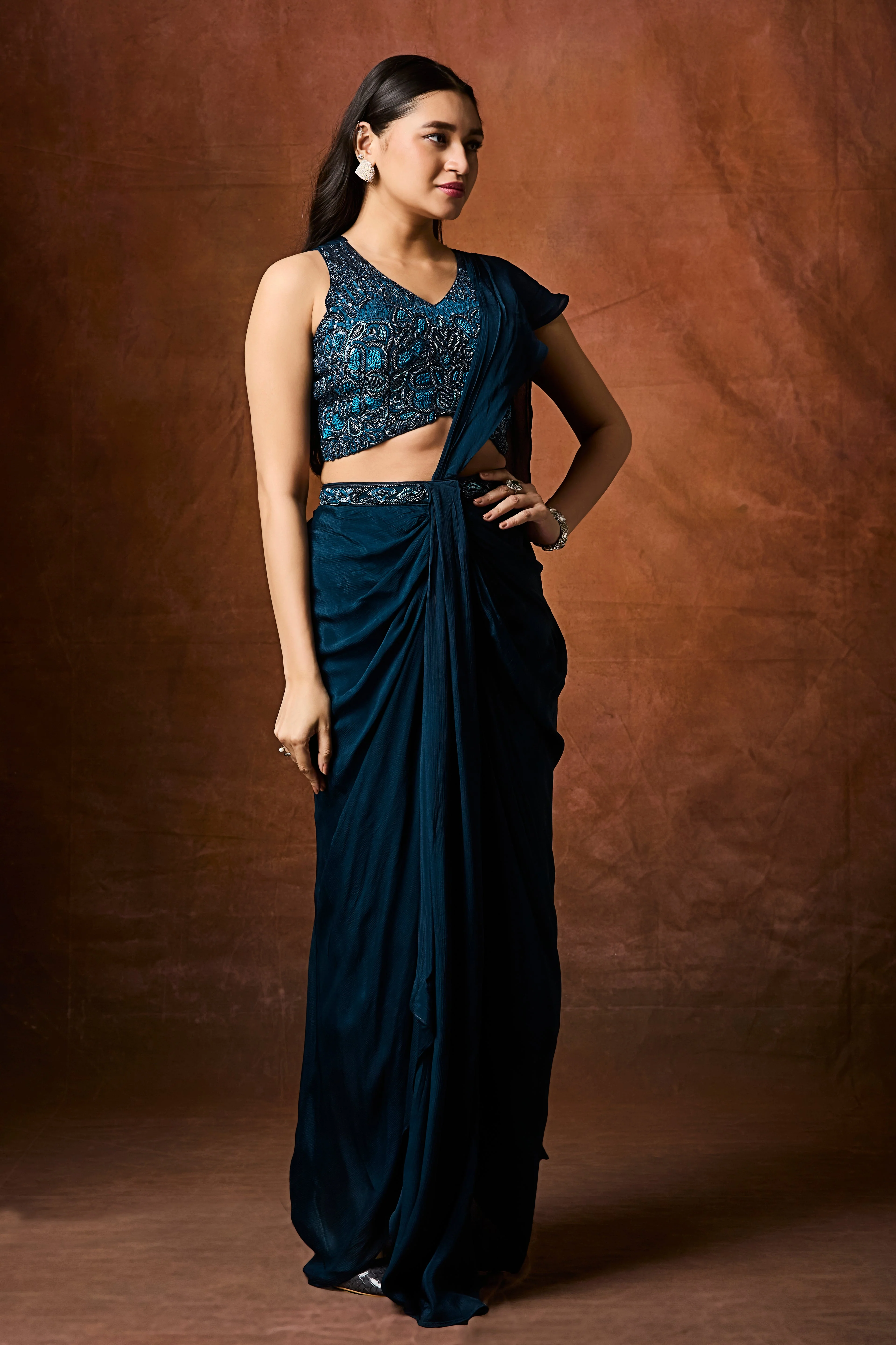 Deep Teal Blue Embellished Chinon Silk Drape Saree - Image 4