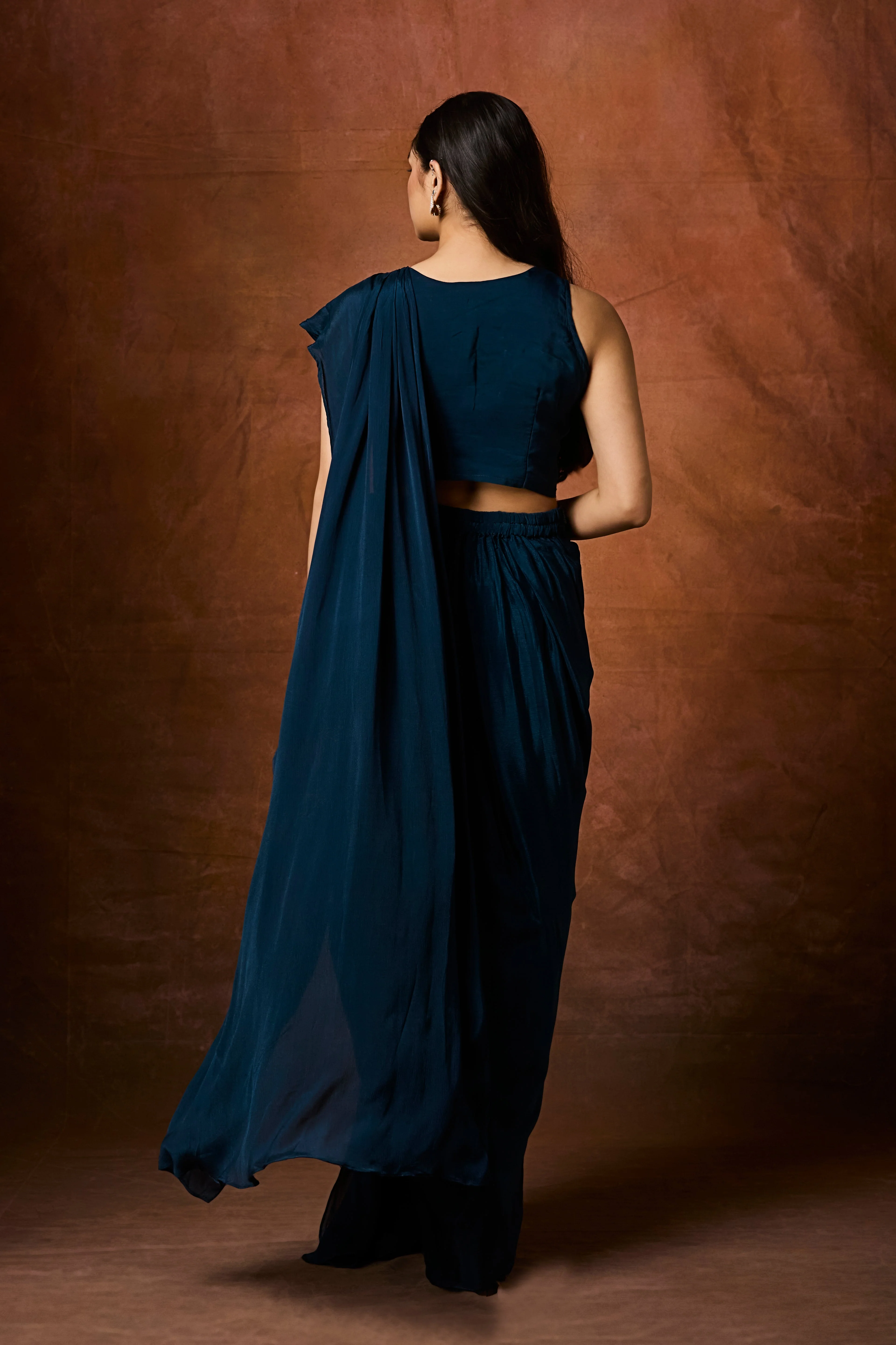 Deep Teal Blue Embellished Chinon Silk Drape Saree - Image 5