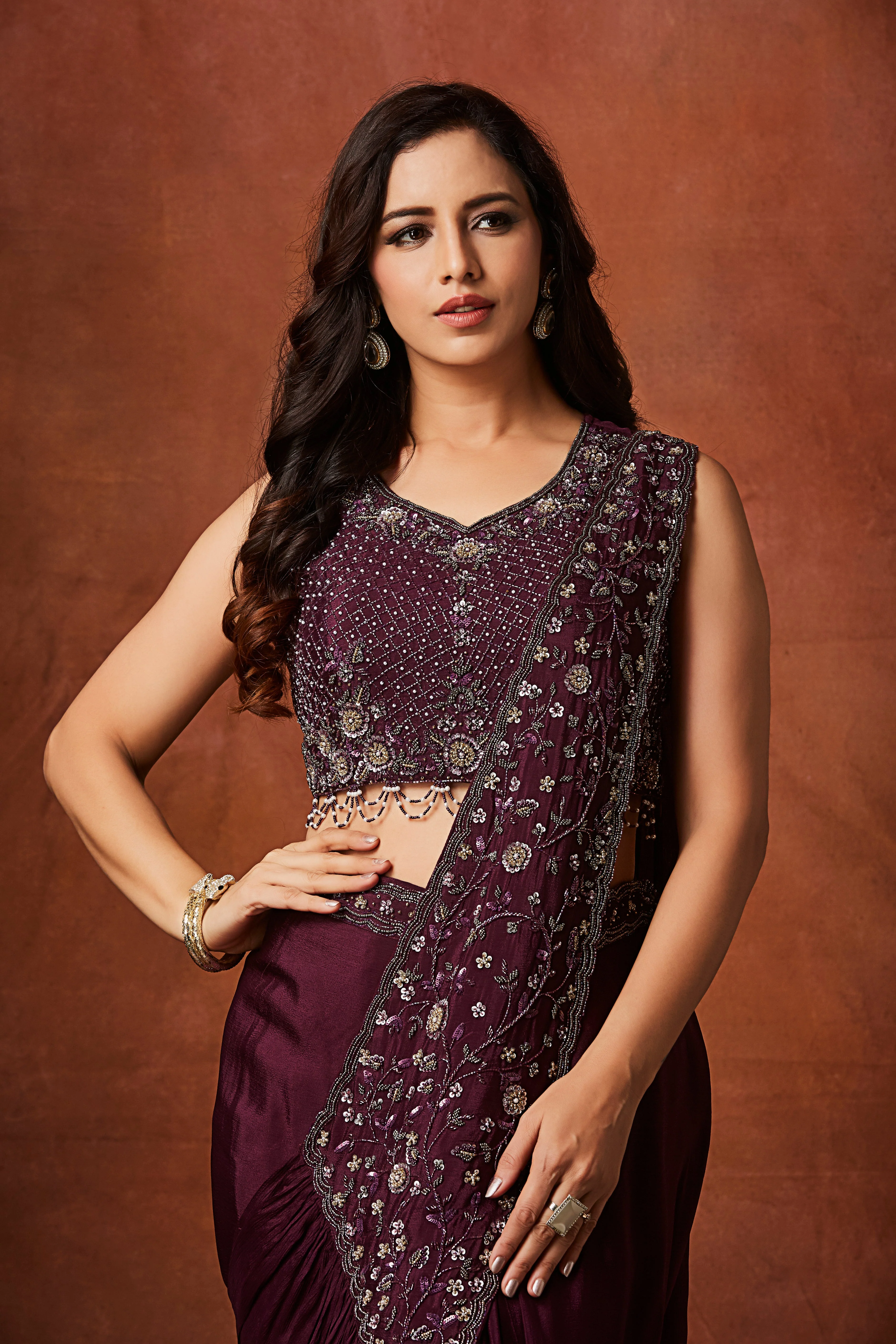 Wine Plum Embellished Crepe Silk Drape Saree - Image 2