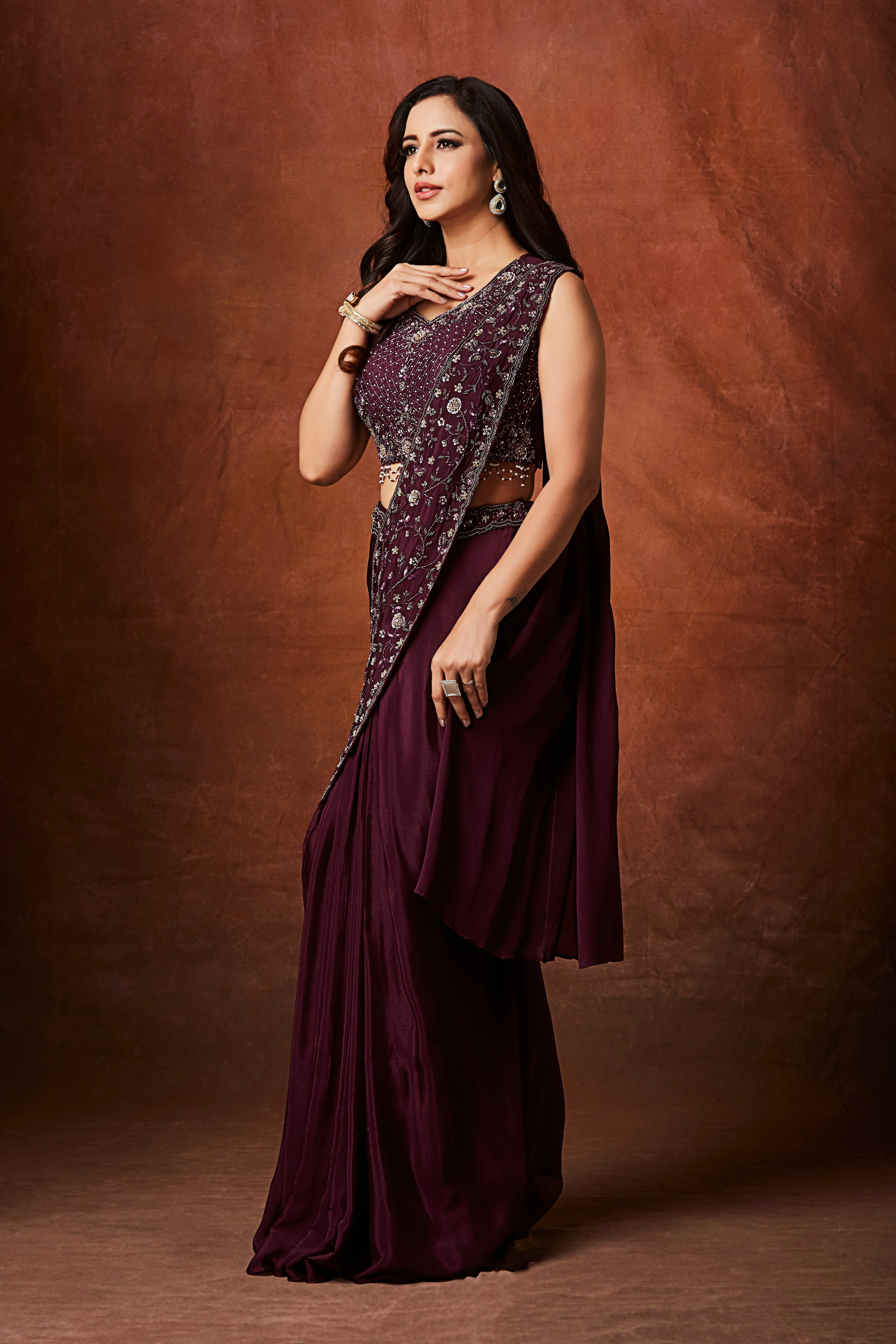 Wine Plum Embellished Crepe Silk Drape Saree - Image 3