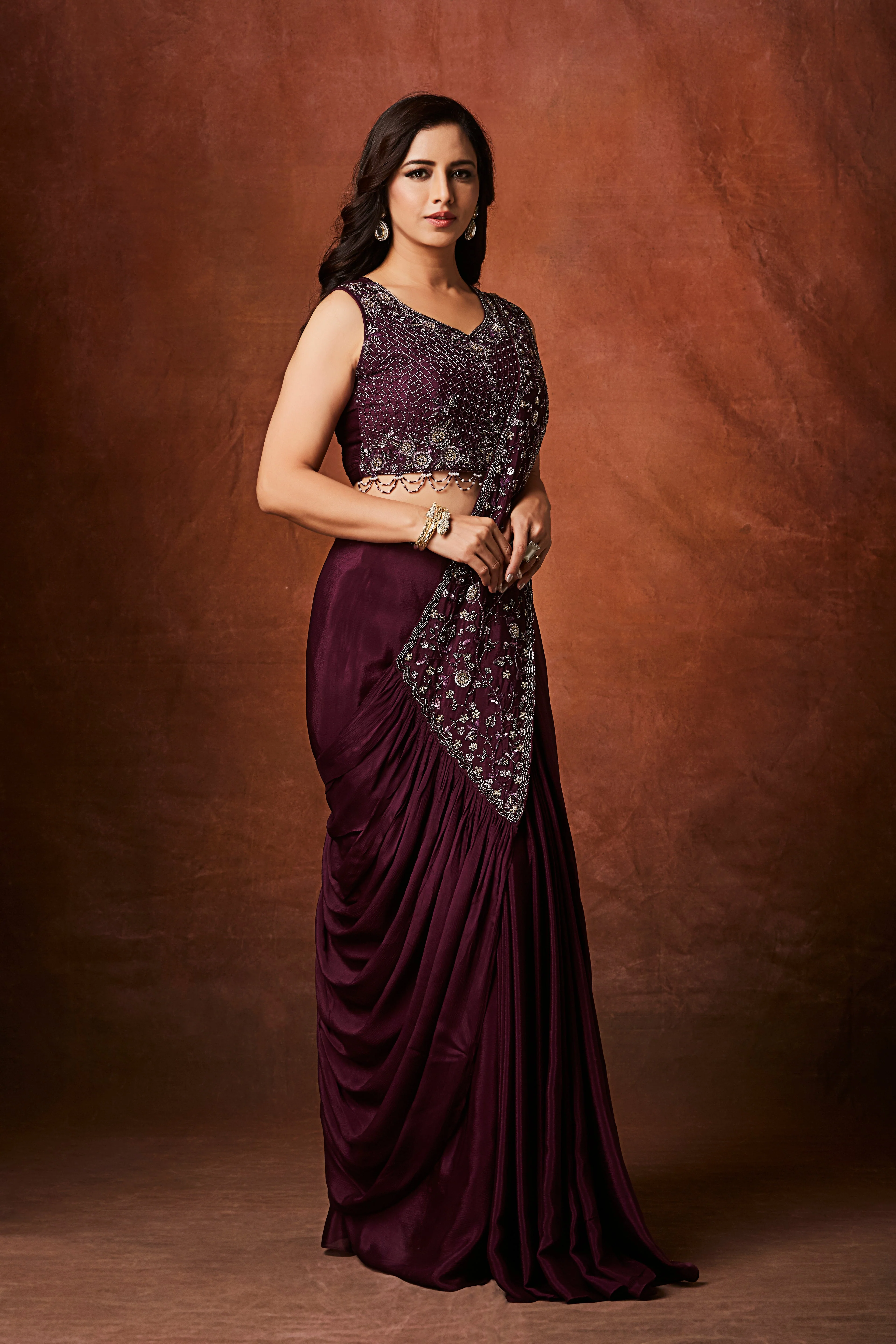 Wine Plum Embellished Crepe Silk Drape Saree - Image 4