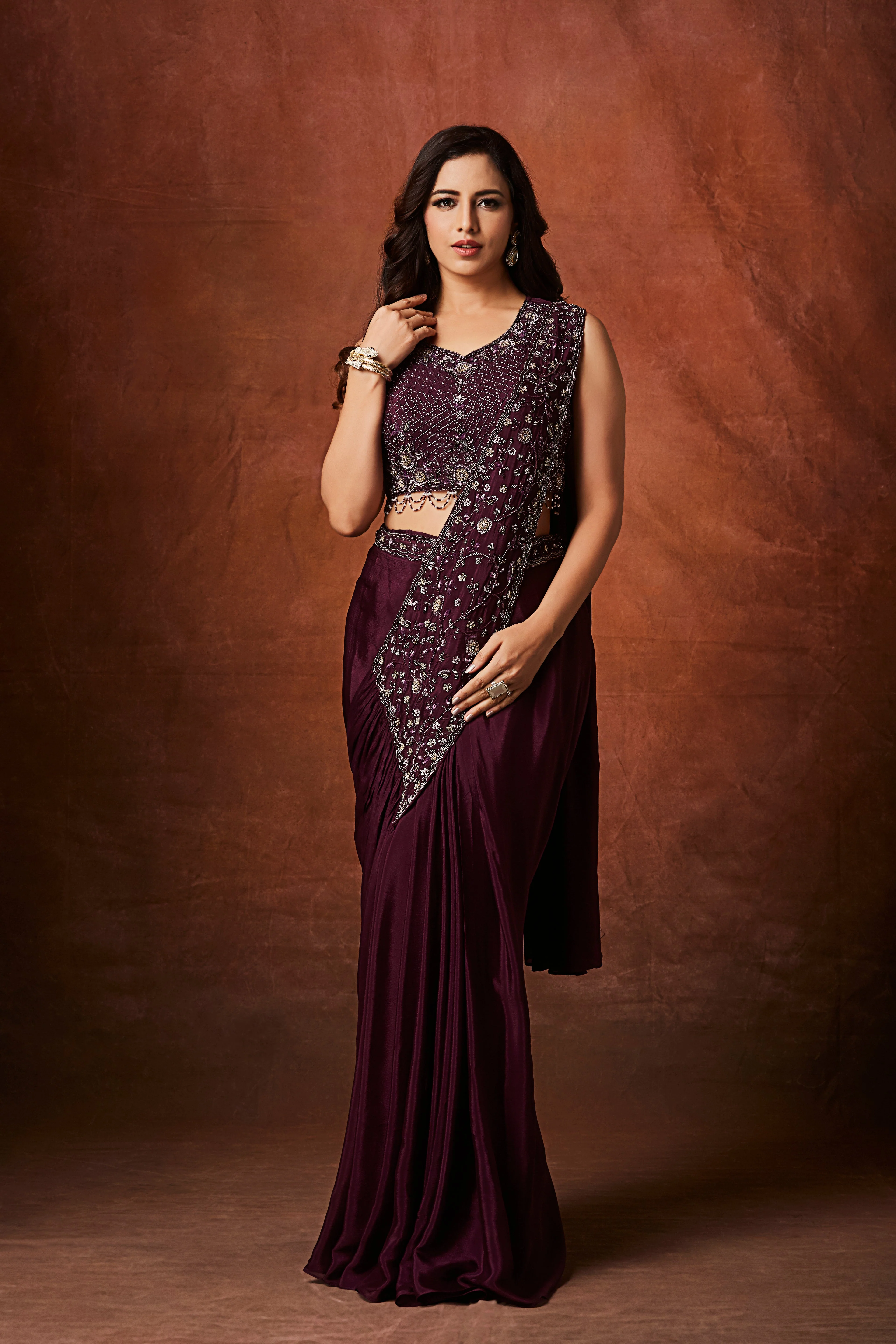 Wine Plum Embellished Crepe Silk Drape Saree - Image 5