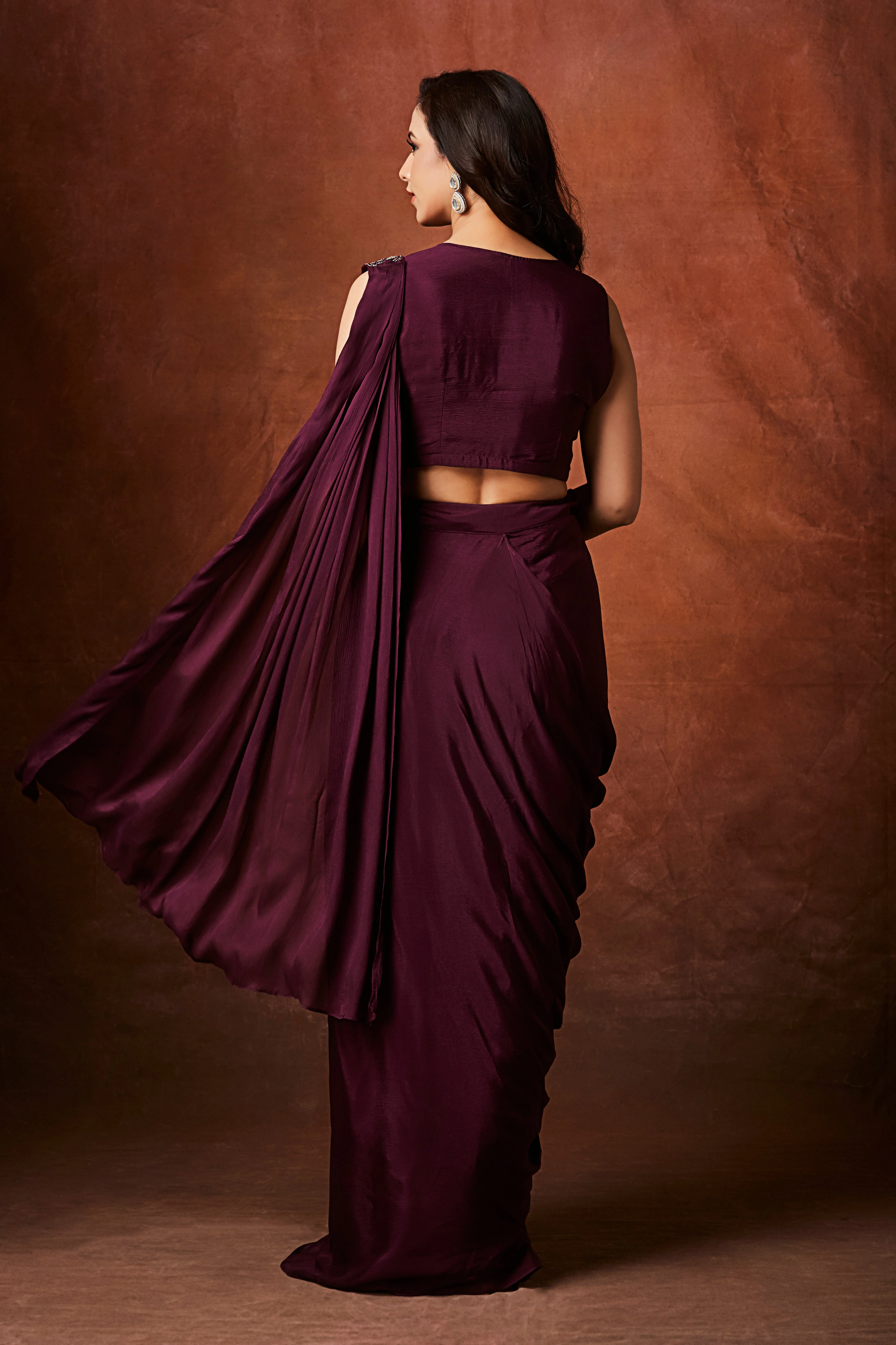 Wine Plum Embellished Crepe Silk Drape Saree - Image 6