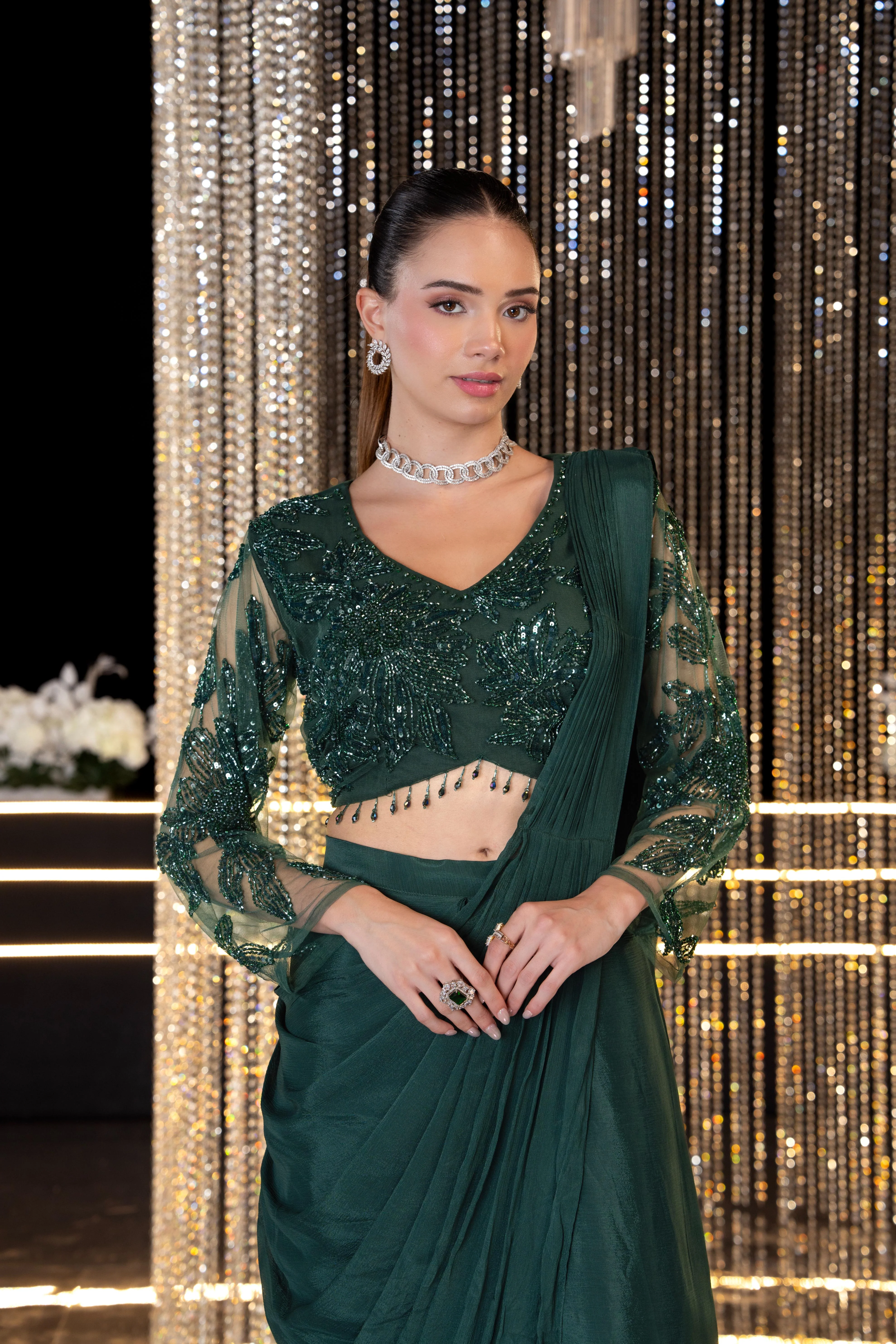 Emerald Green Embellished Premium Silk Draped Saree - Image 2