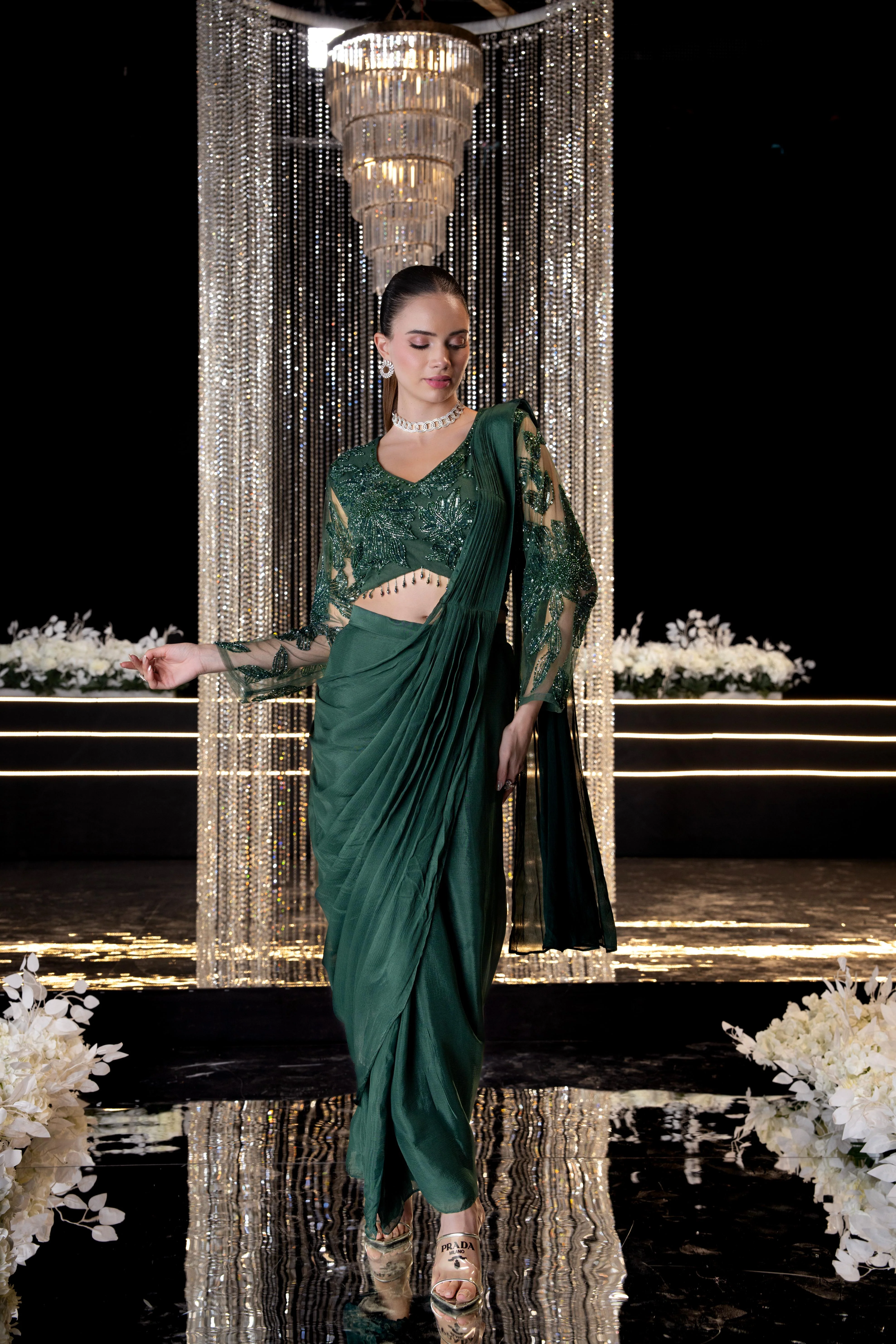 Emerald Green Embellished Premium Silk Draped Saree - Image 3