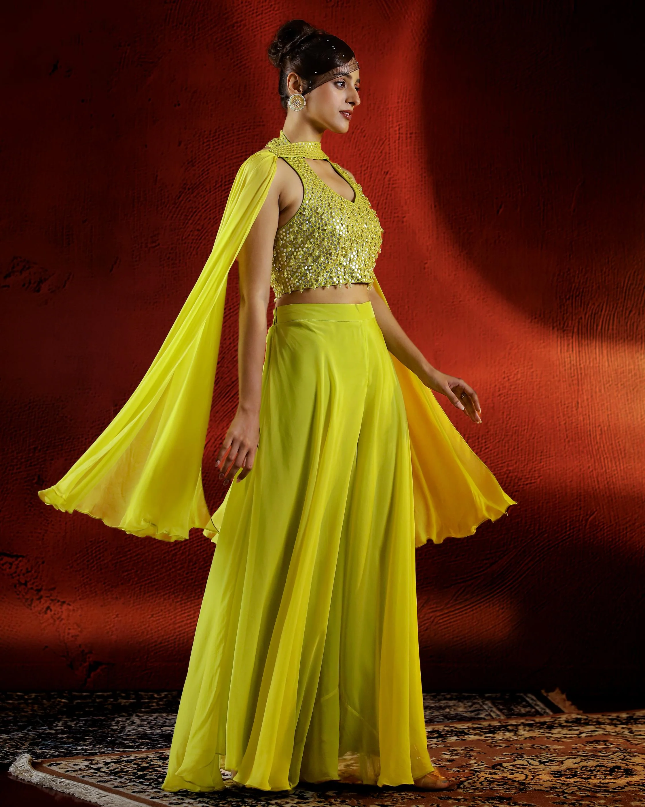 Neon Green Mirror Embellished Organza Silk Palazzo Set - Image 3