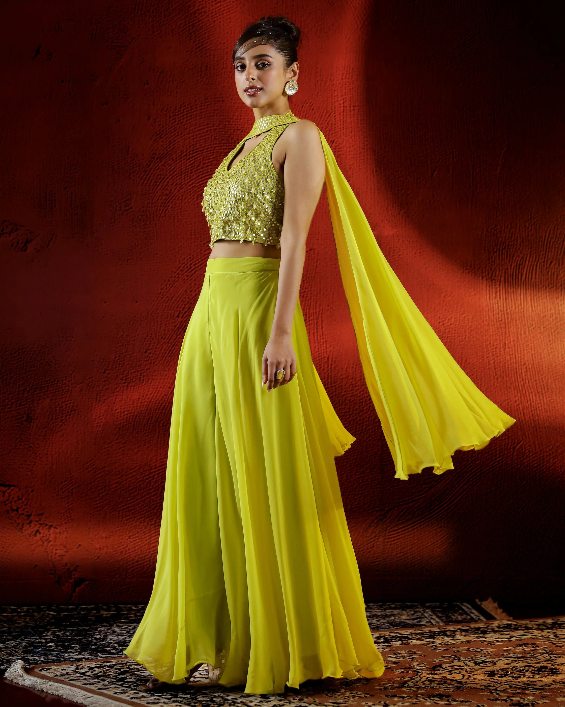 Neon Green Mirror Embellished Organza Silk Palazzo Set - Image 4
