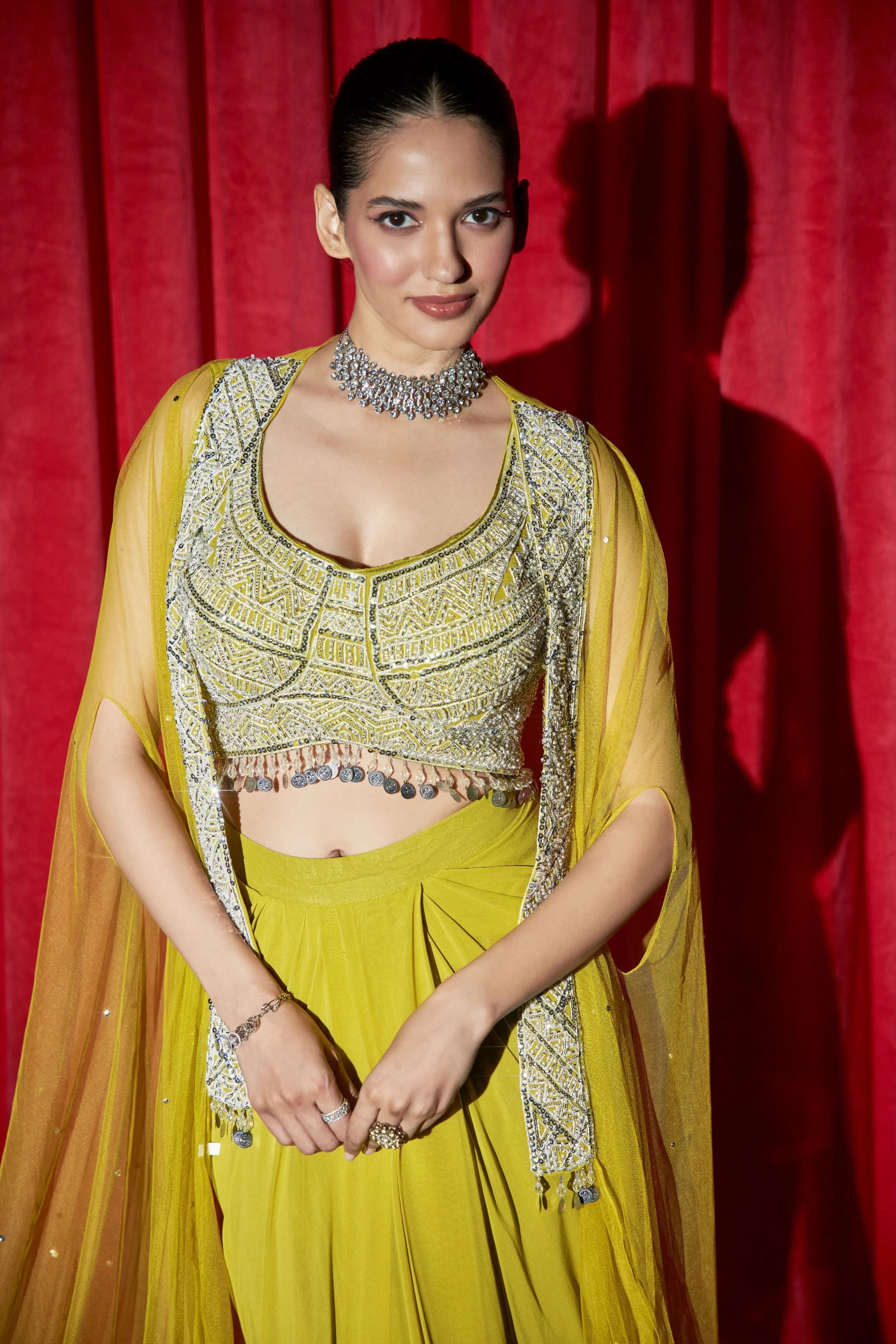 Neon Yellow Embellished Cape Set - Image 2