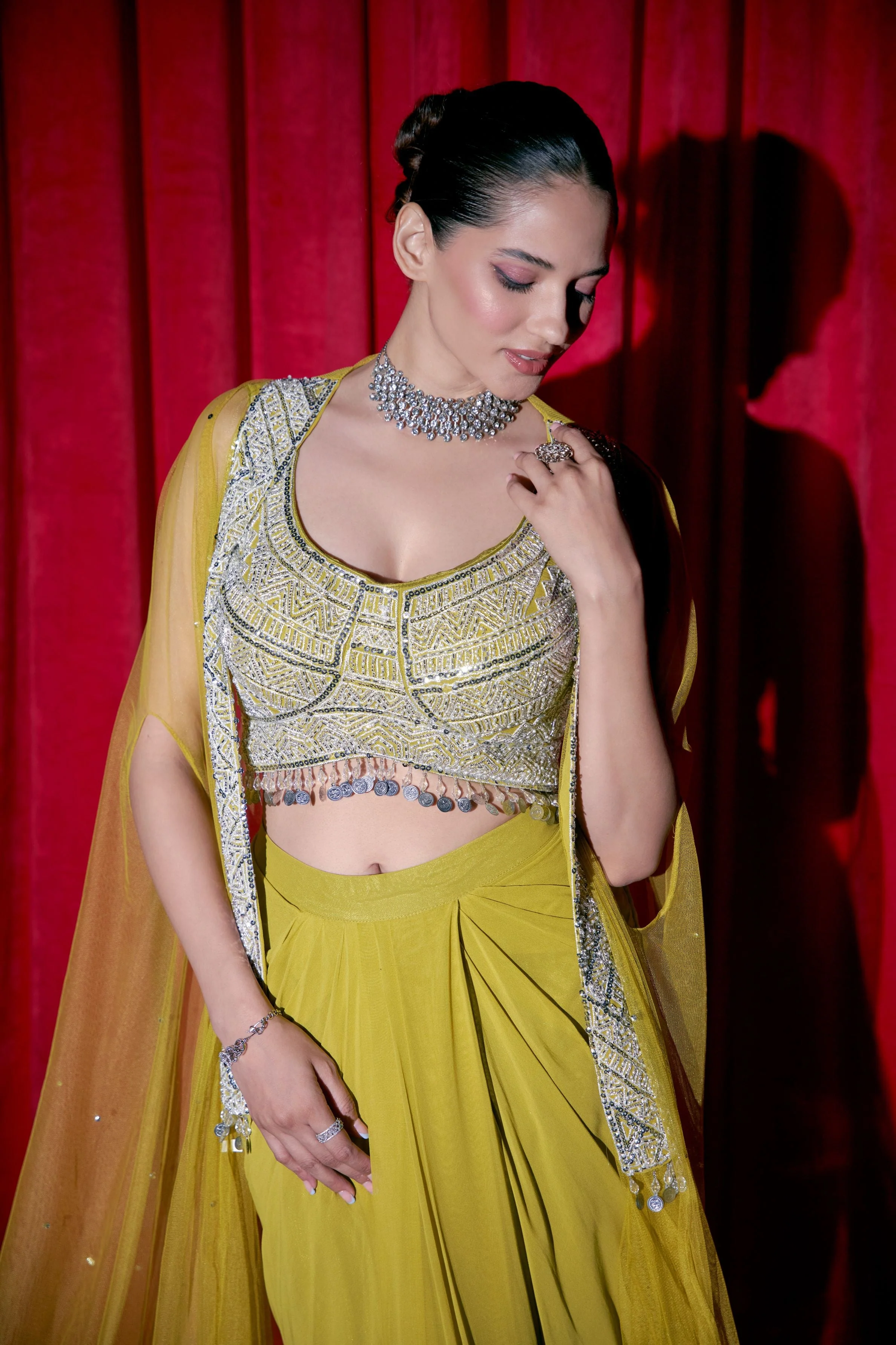 Neon Yellow Embellished Cape Set - Image 3