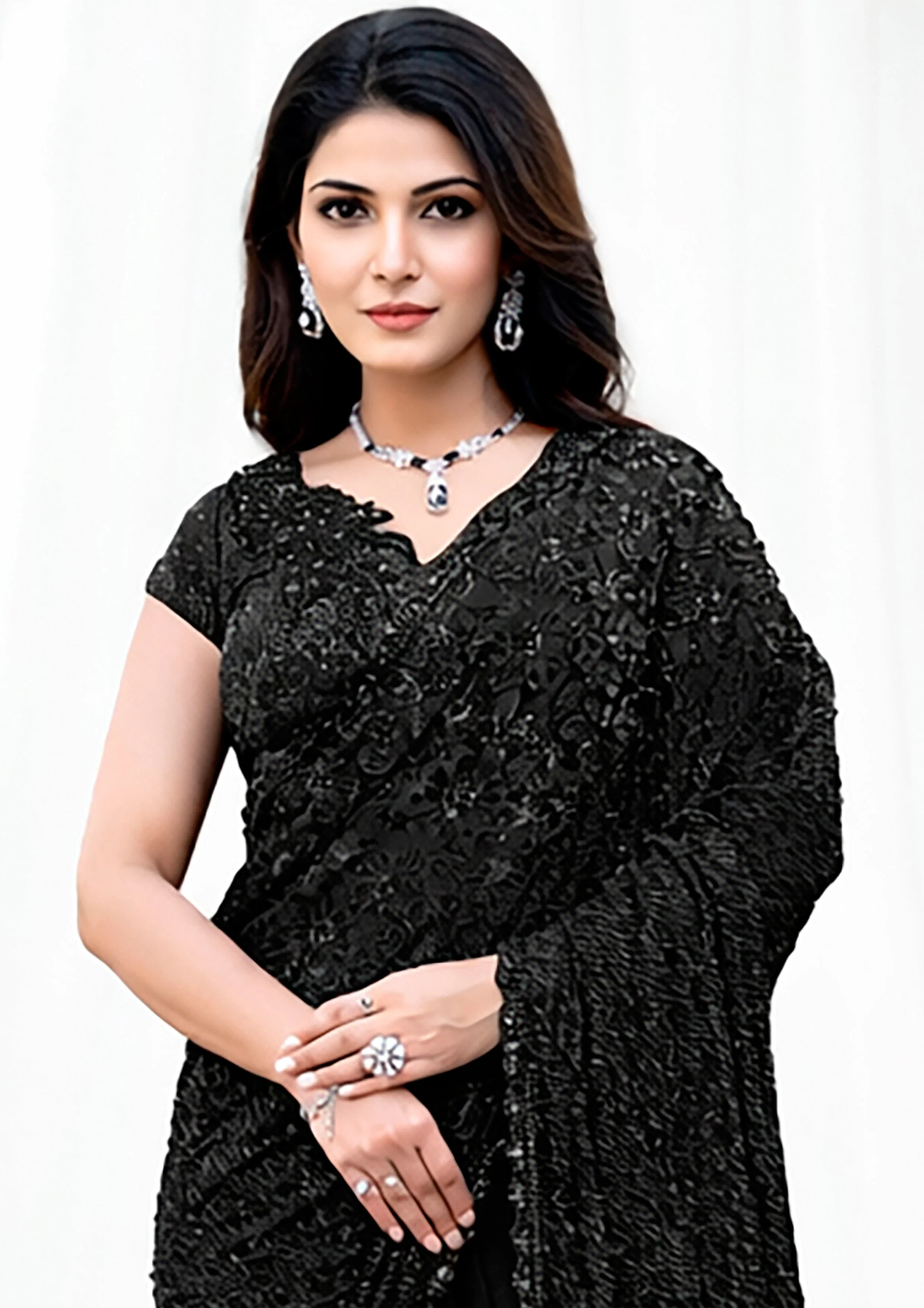 Noir Shimmer Embellished Tule Saree - Image 3