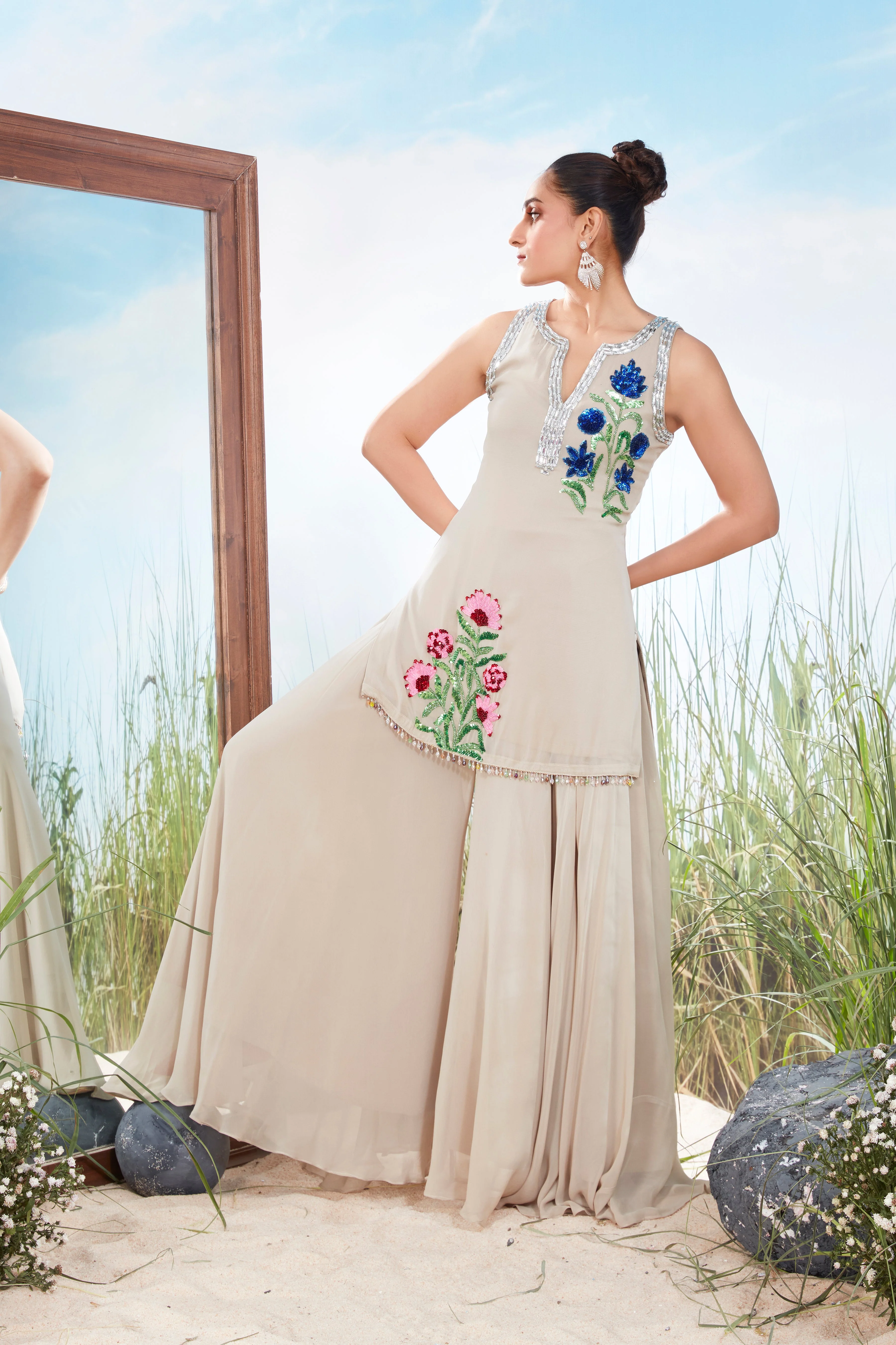 Pale Beige Embellished Georgette Silk Palazzo Set - Image 3