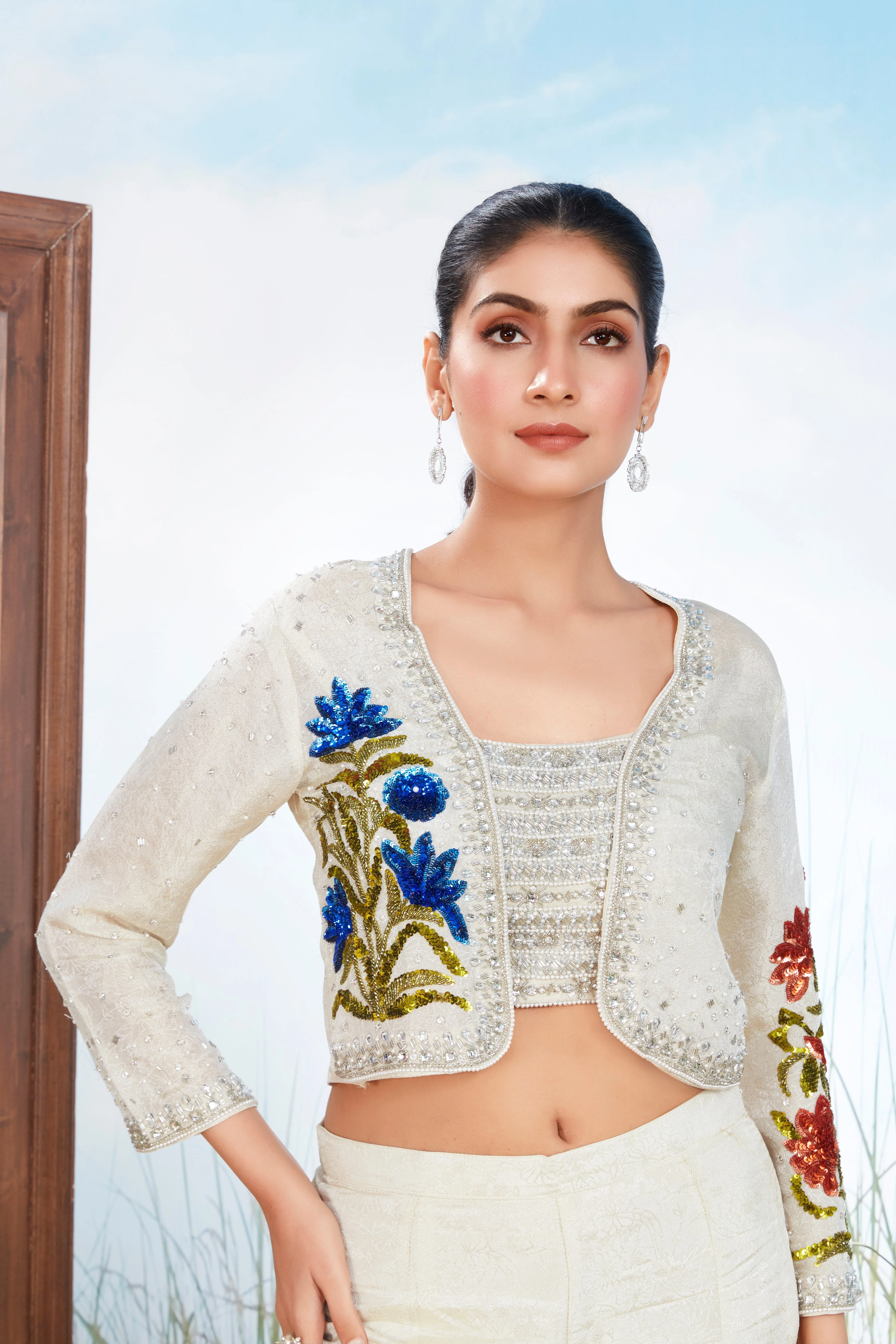 Off White Embellished Crepe Silk Jacket Set - Image 2