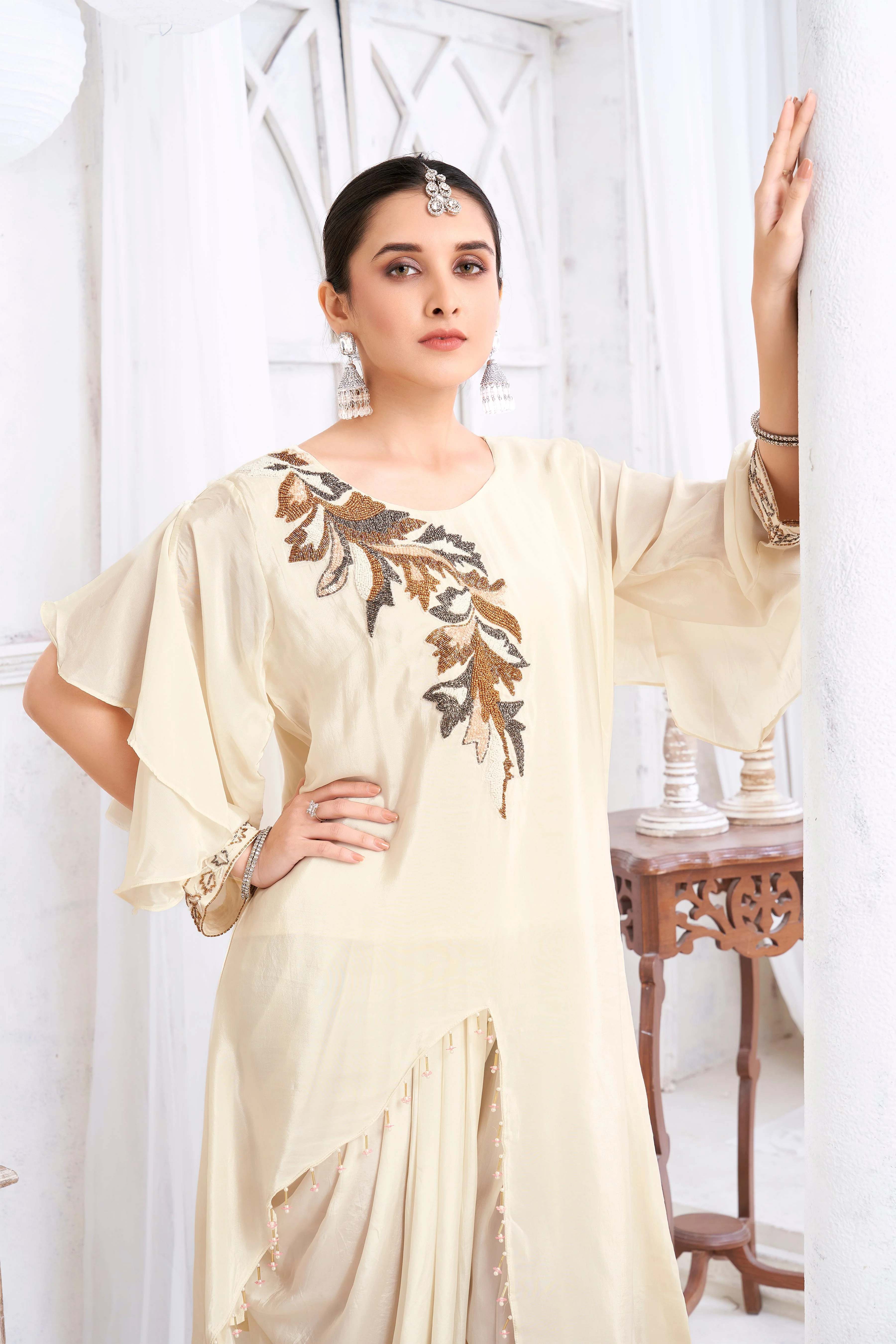 Off-White Embellished Crepe Silk Dhoti Set - Image 2