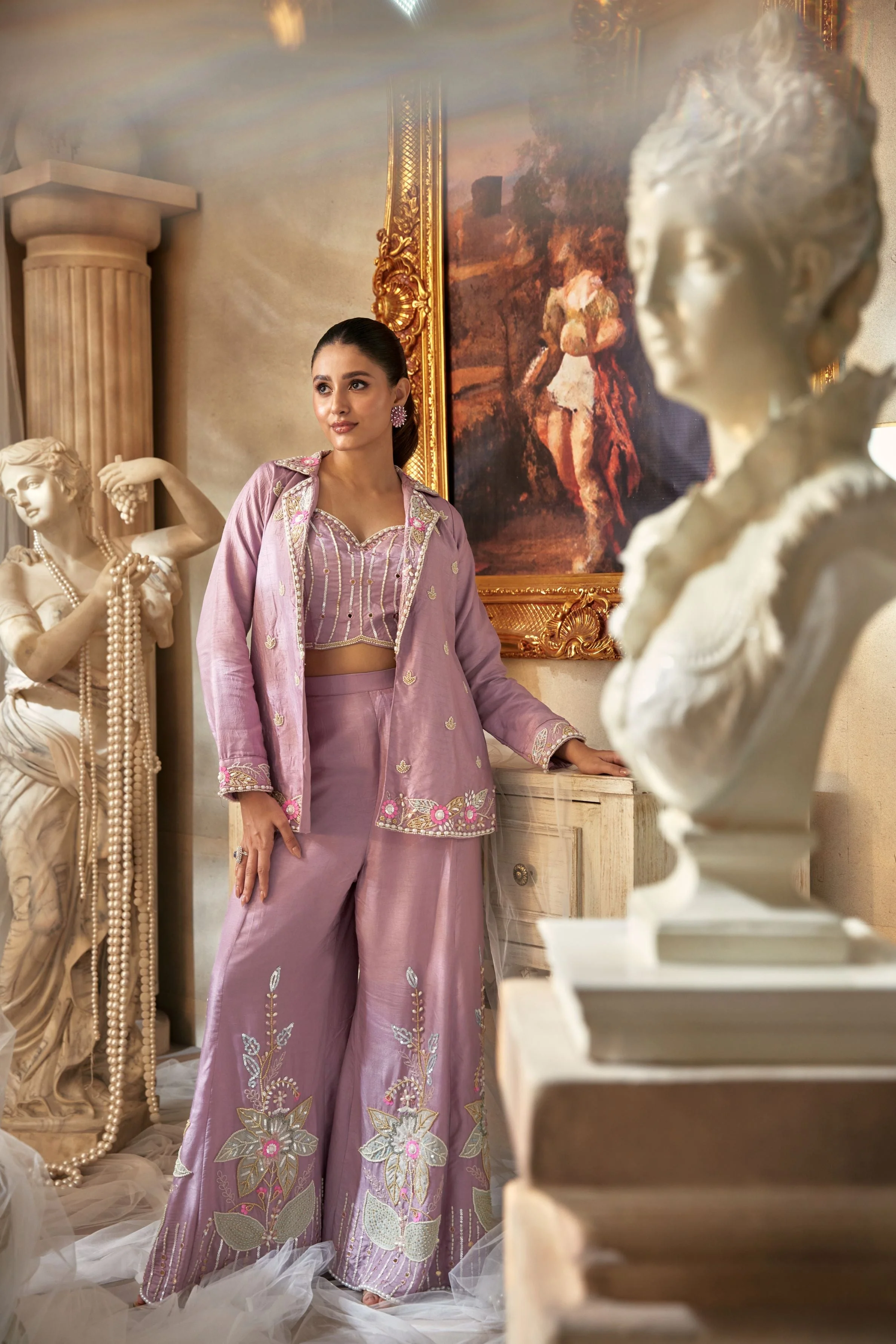Nude Pink Embellished Premium Silk Jacket & Palazzo Set - Image 3