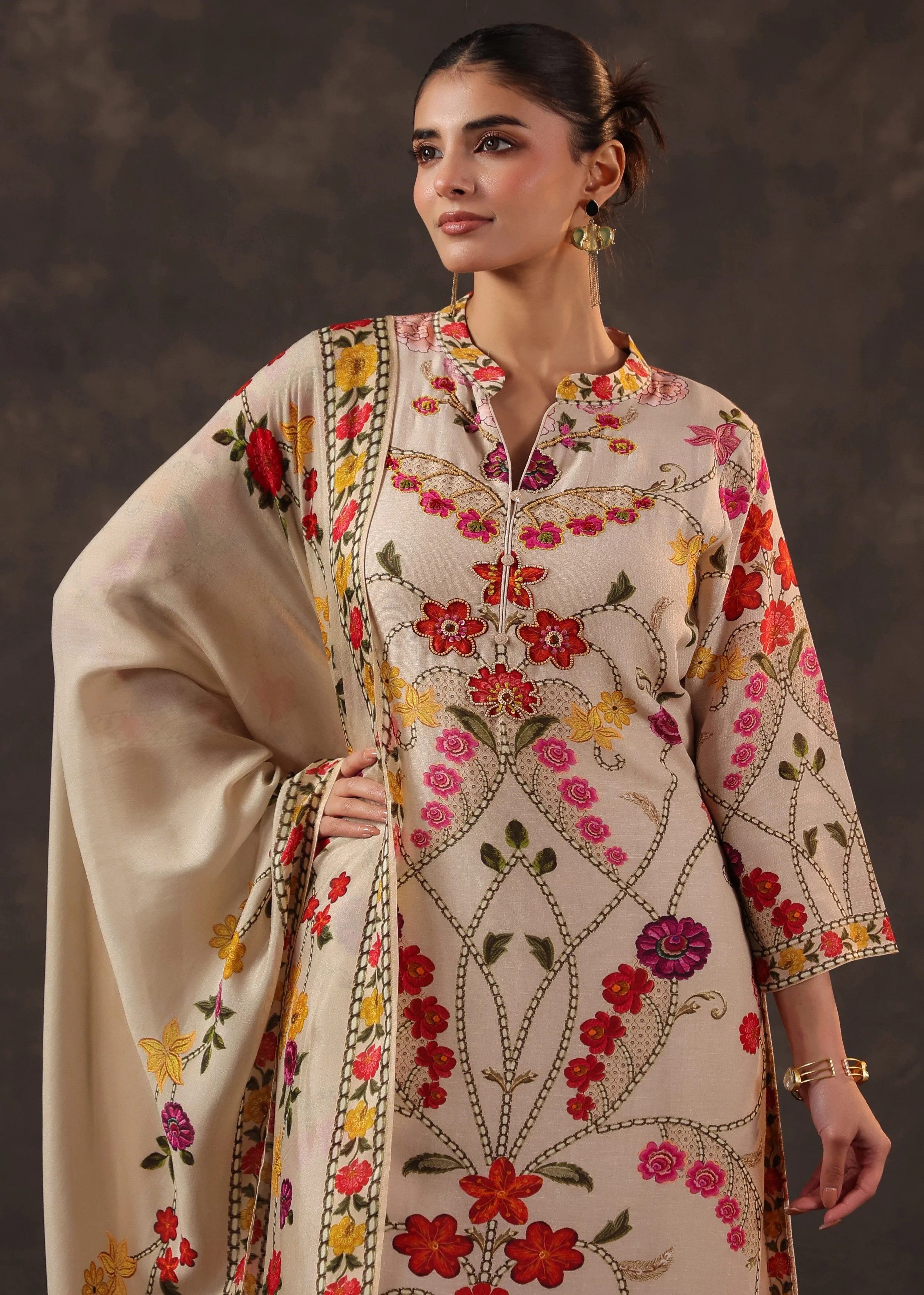 Oatmeal Beige Embroidered Premium Silk Pant Set - Image 2