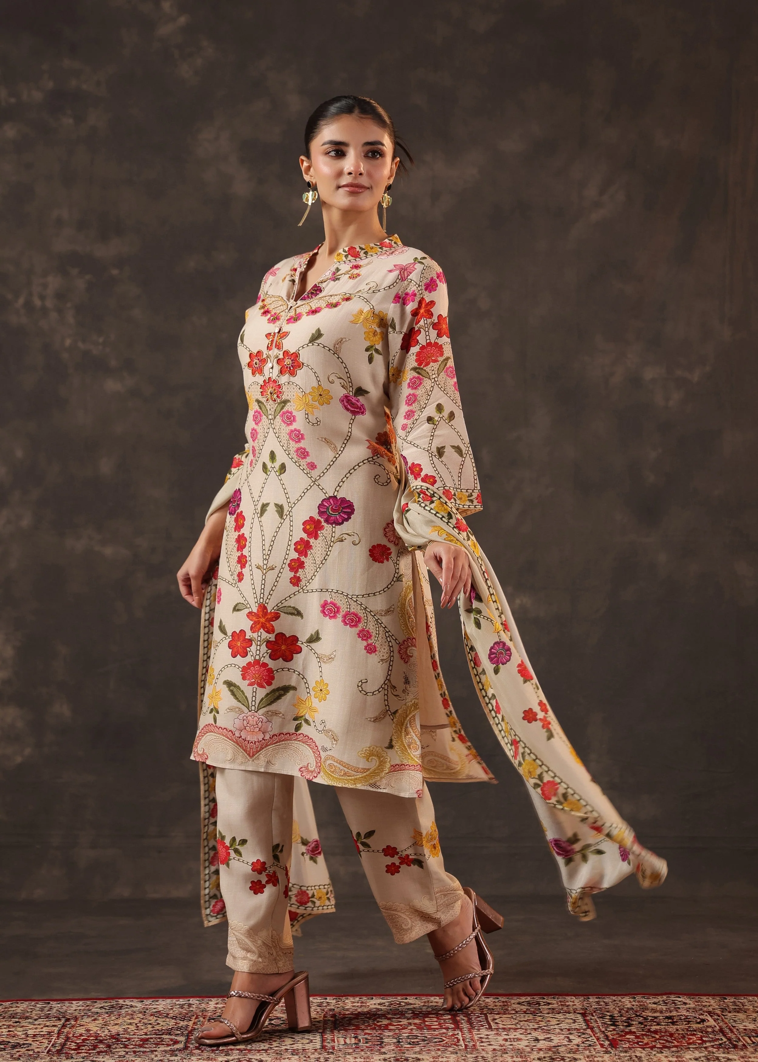 Oatmeal Beige Embroidered Premium Silk Pant Set - Image 3