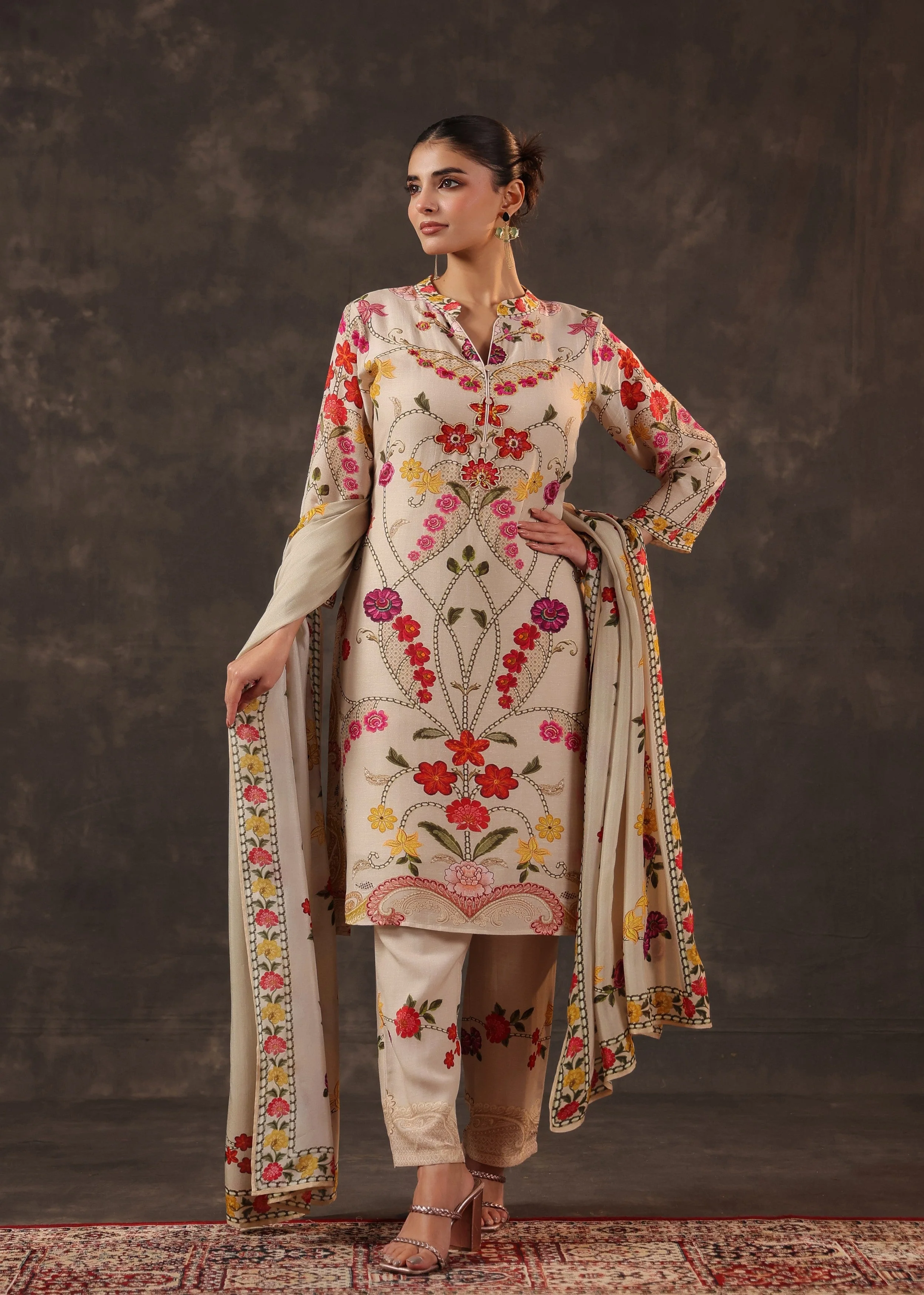 Oatmeal Beige Embroidered Premium Silk Pant Set - Image 4