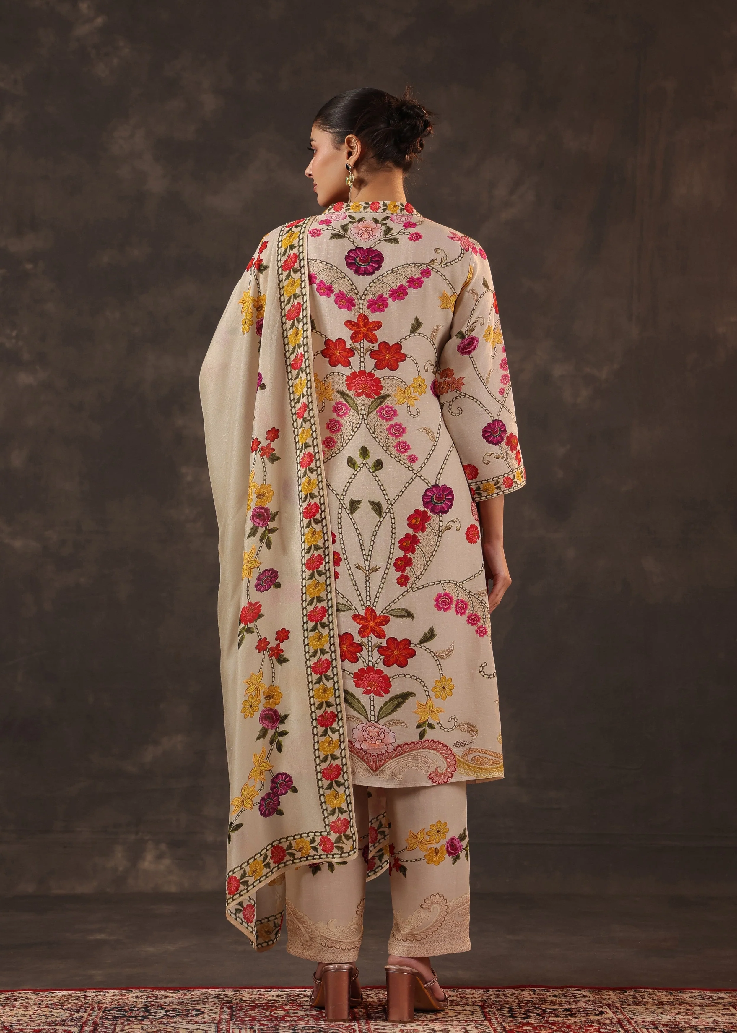 Oatmeal Beige Embroidered Premium Silk Pant Set - Image 5