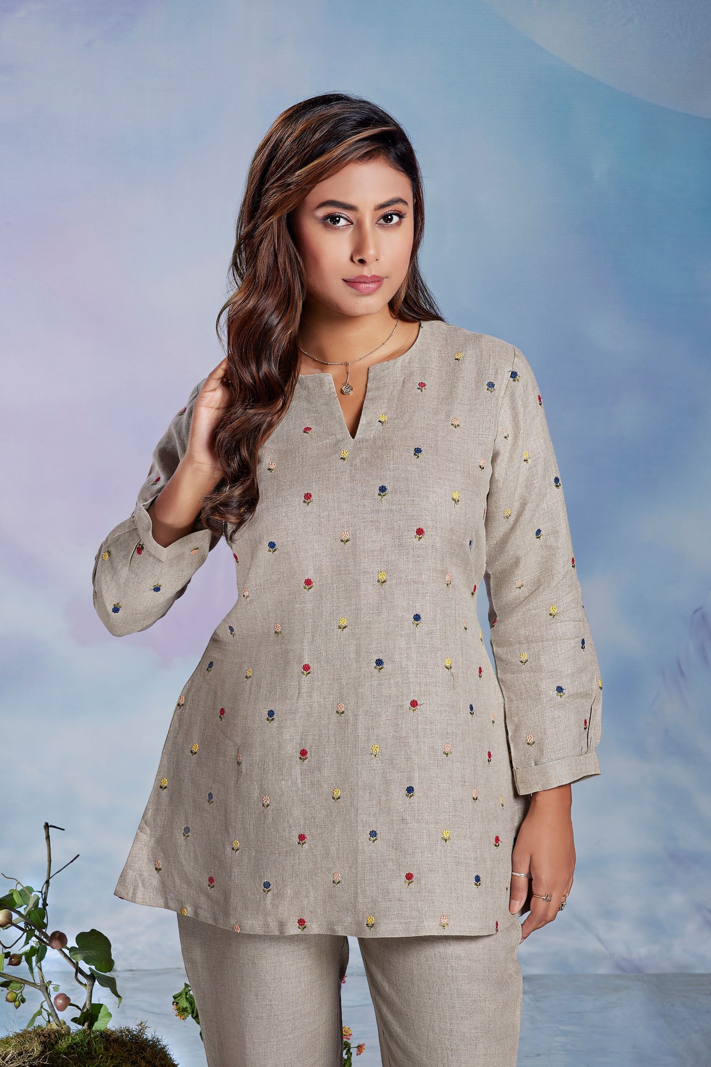 Oatmeal Grey Embroidered Linen Co-Ord Set - Image 2