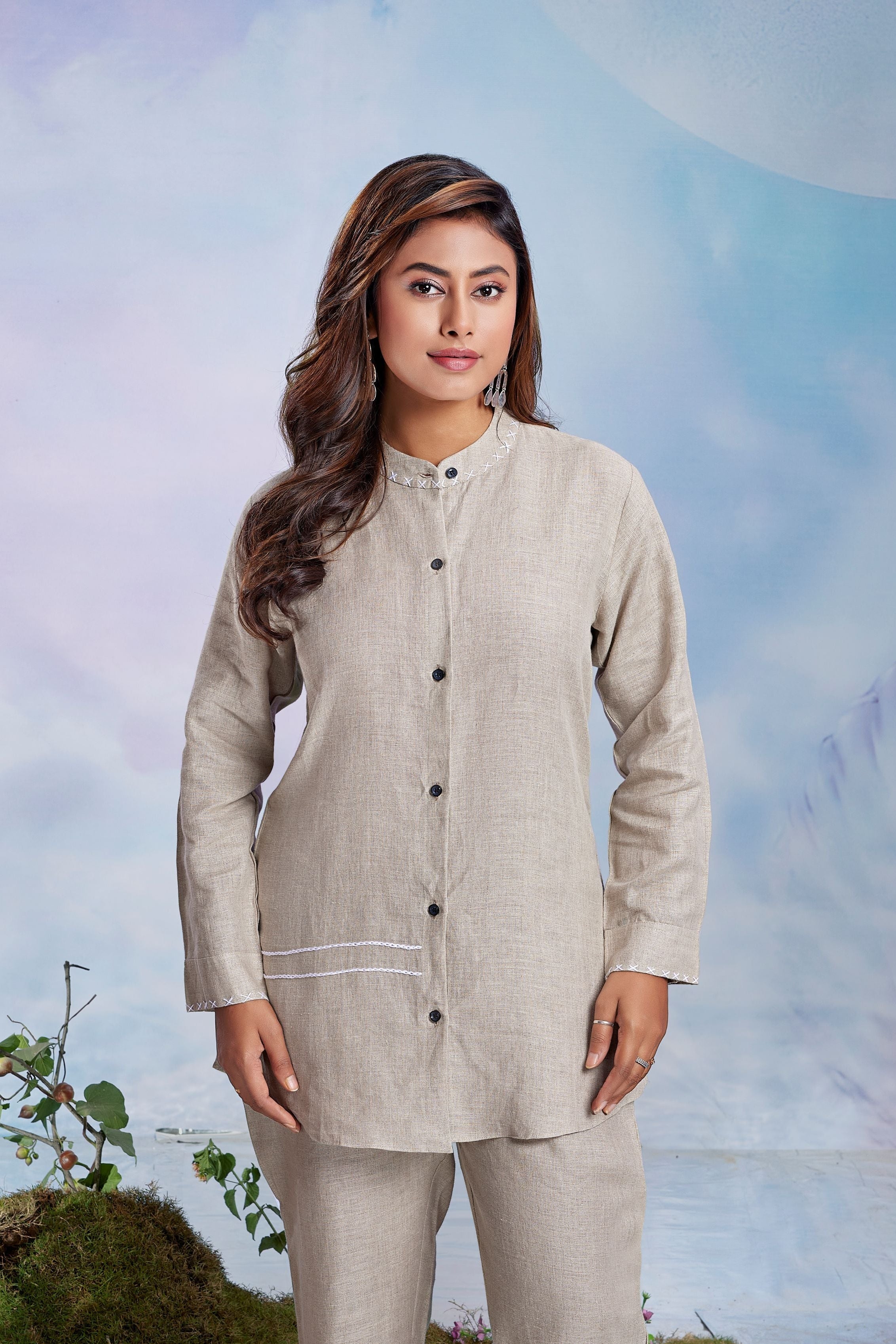 Oatmeal Pearl Embroidered Linen Co-Ord Set - Image 2