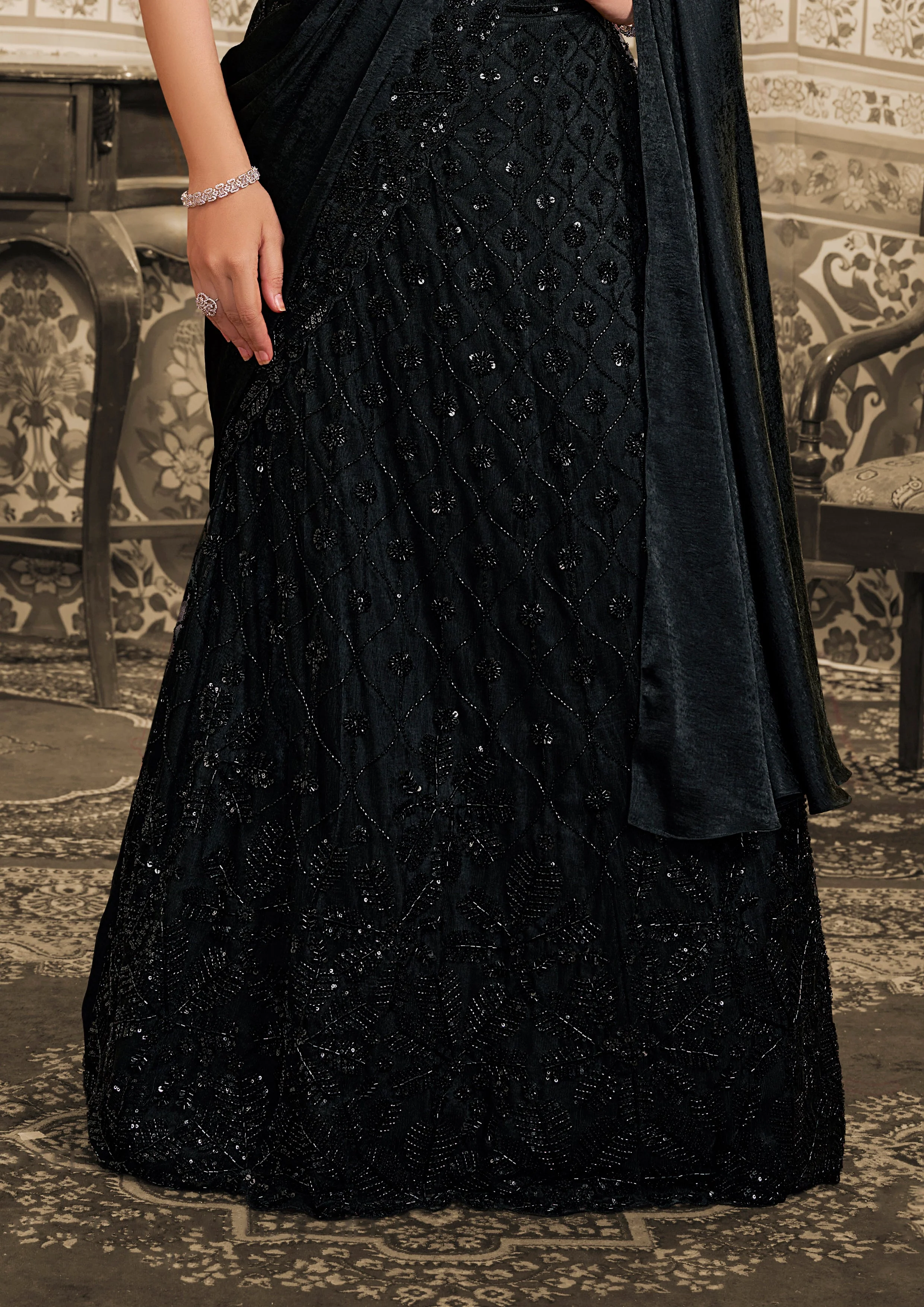 Obsidion Black Embellished Satin Silk Lehenga Saree - Image 5