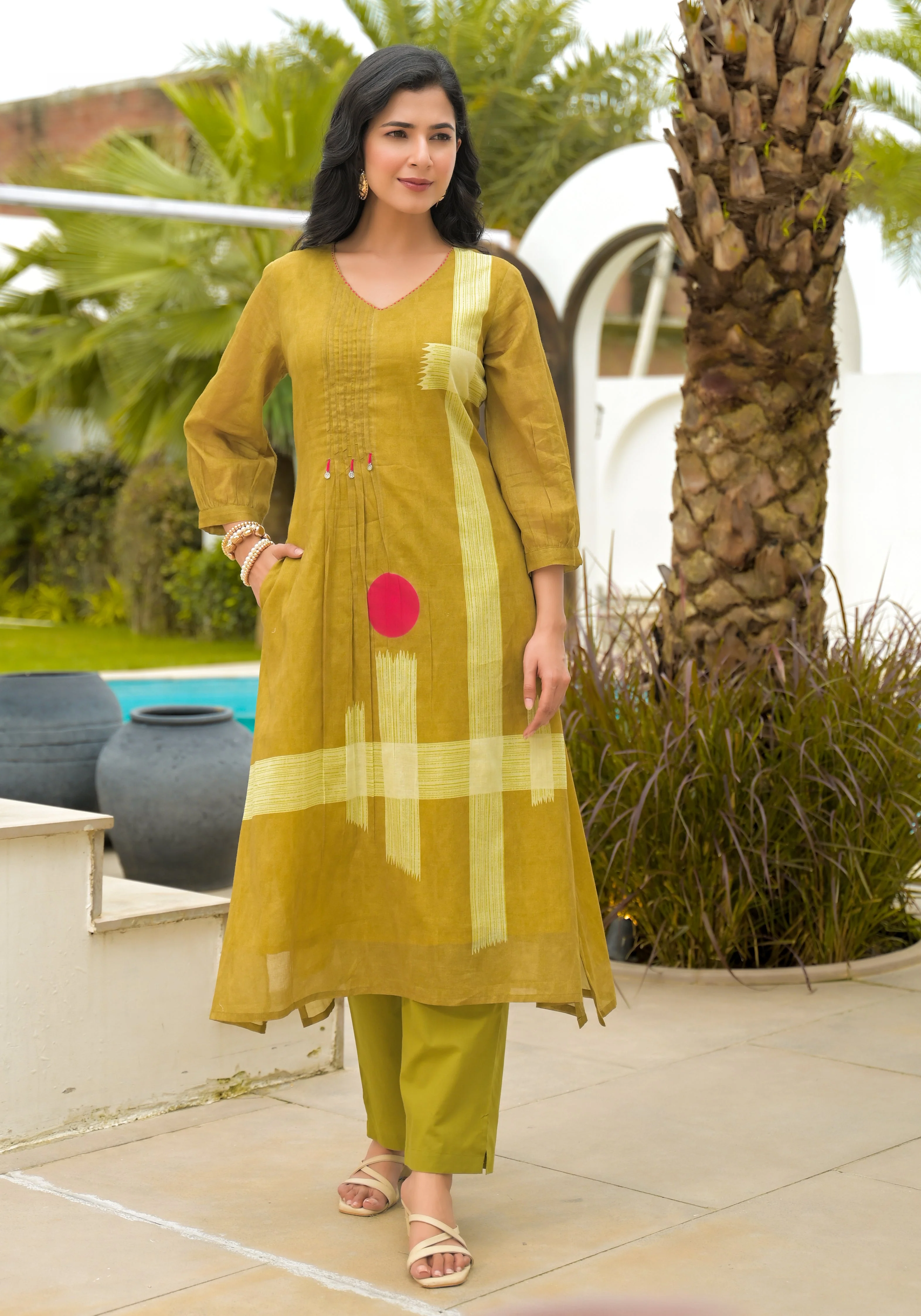 Olive Green Geometric Printed Cotton Kurta Set - Image 4