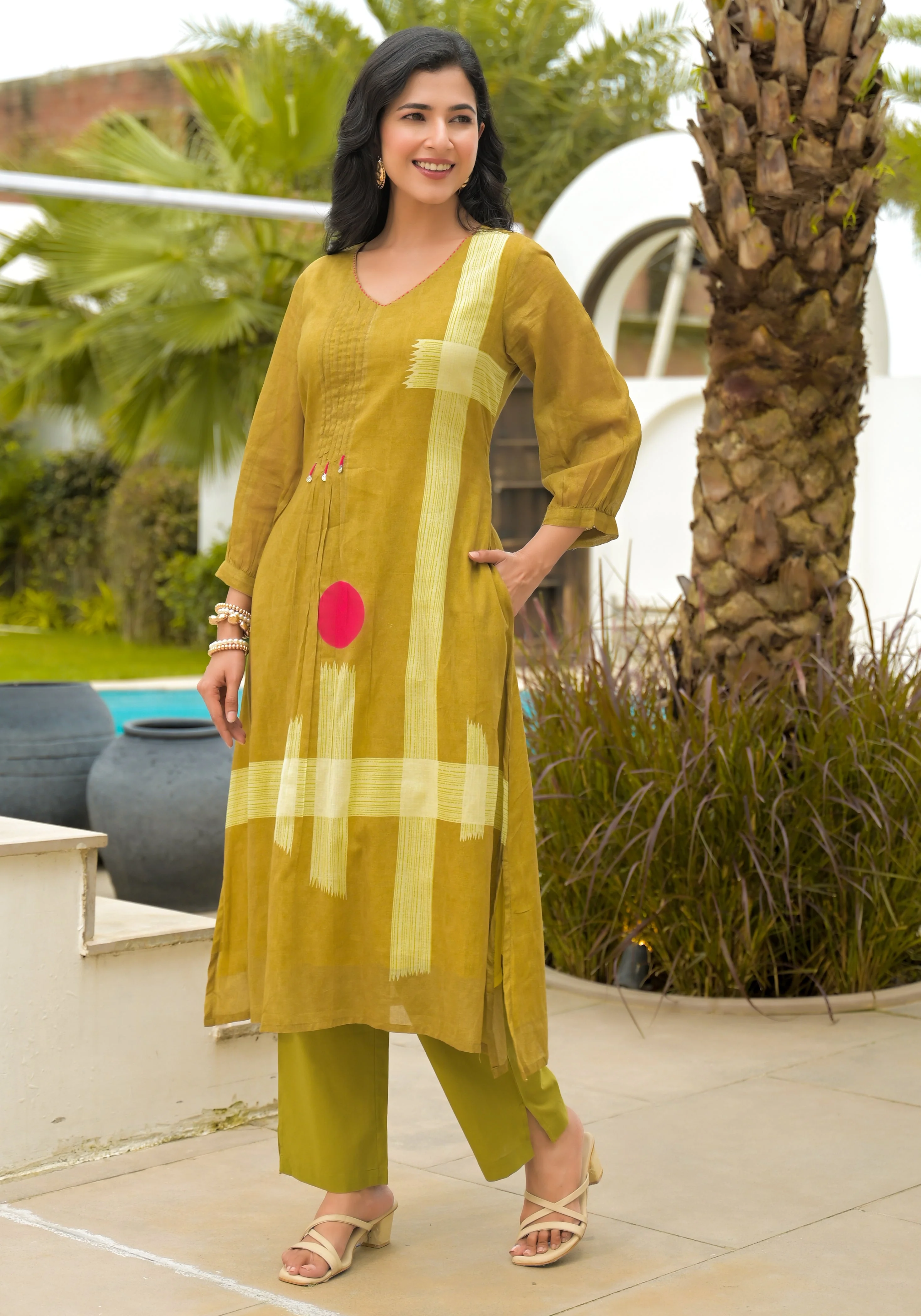 Olive Green Geometric Printed Cotton Kurta Set - Image 5