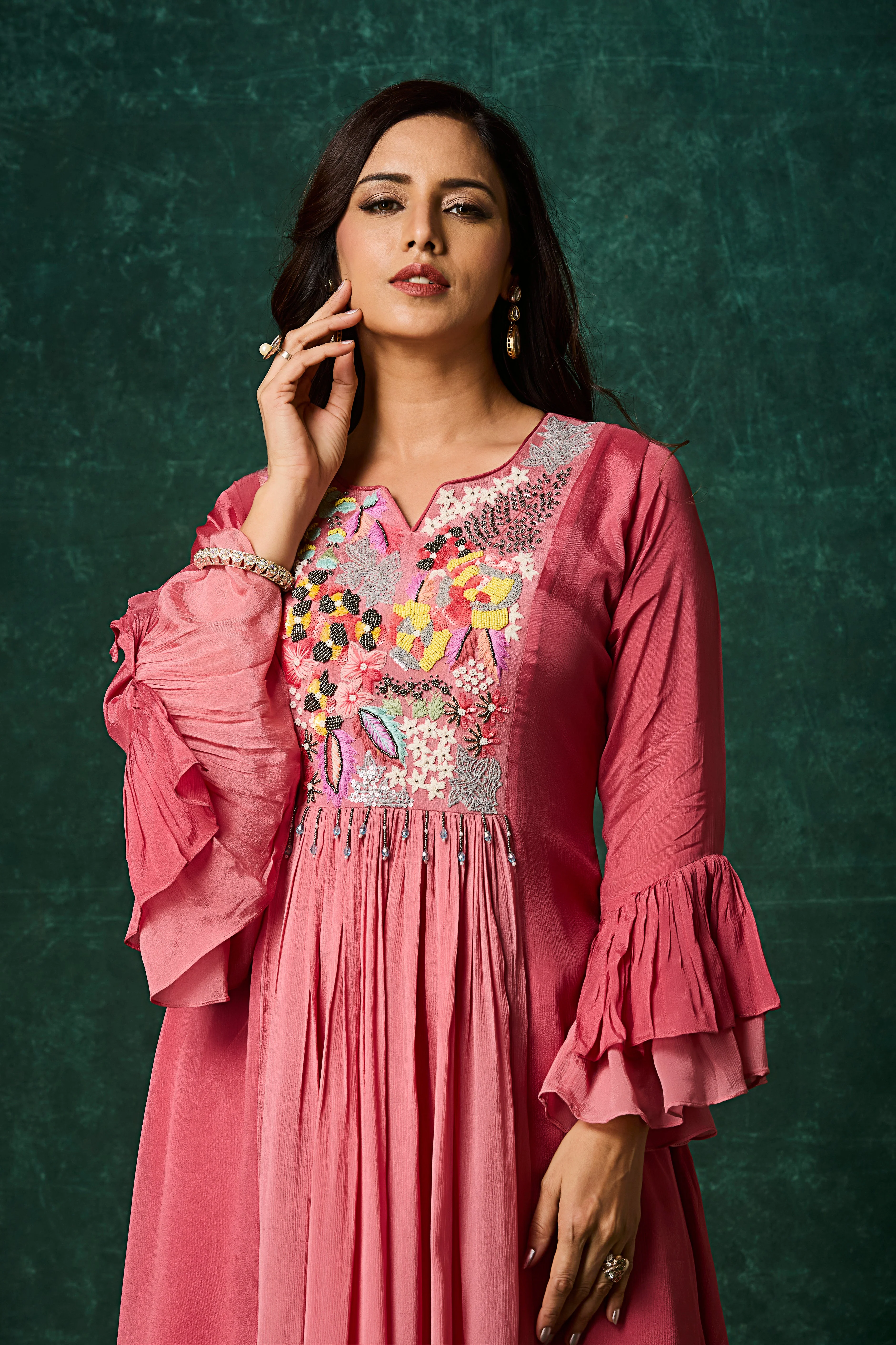 Rosewood Pink Embellished Chinon Silk Palazzo Set - Image 2