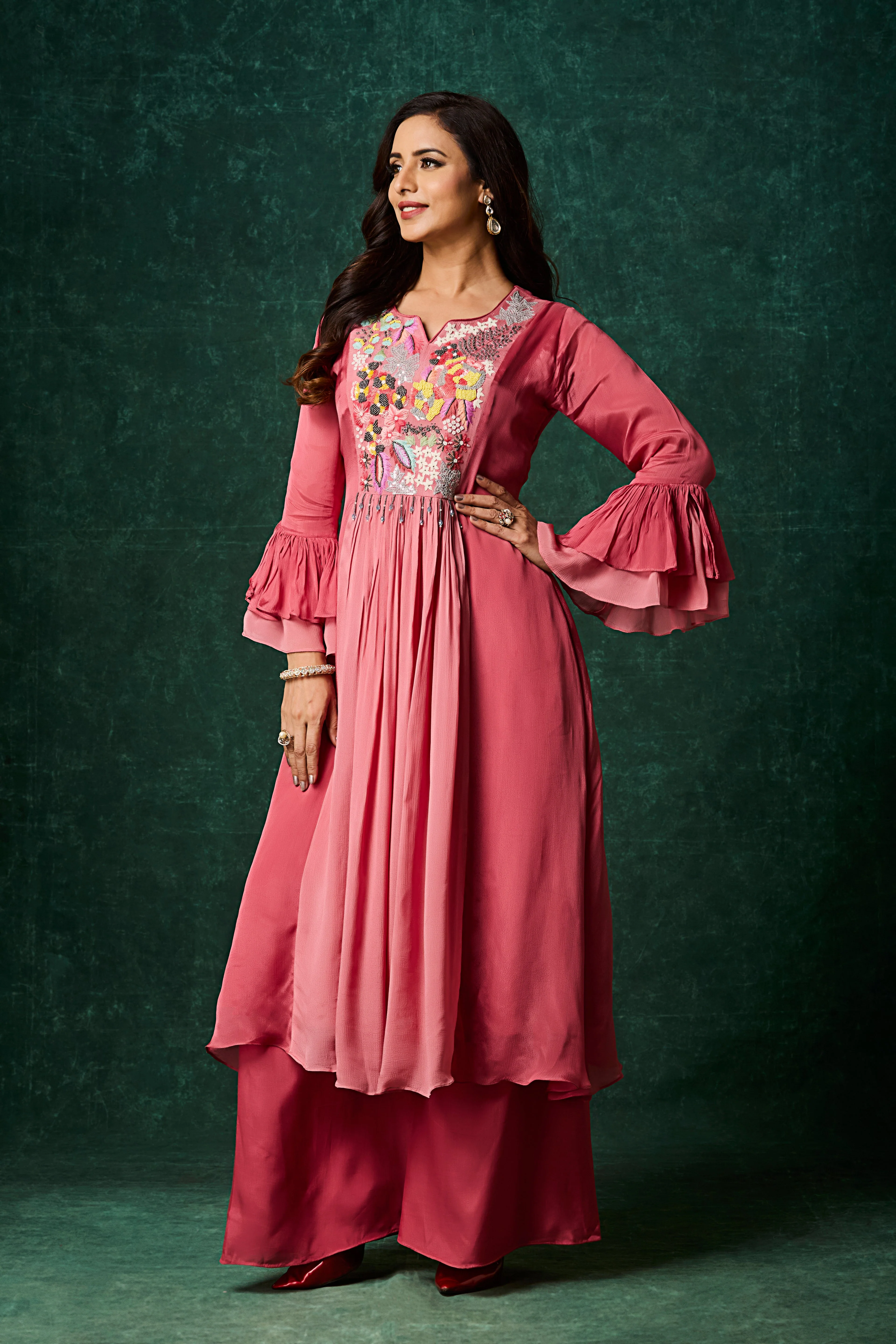 Rosewood Pink Embellished Chinon Silk Palazzo Set - Image 3