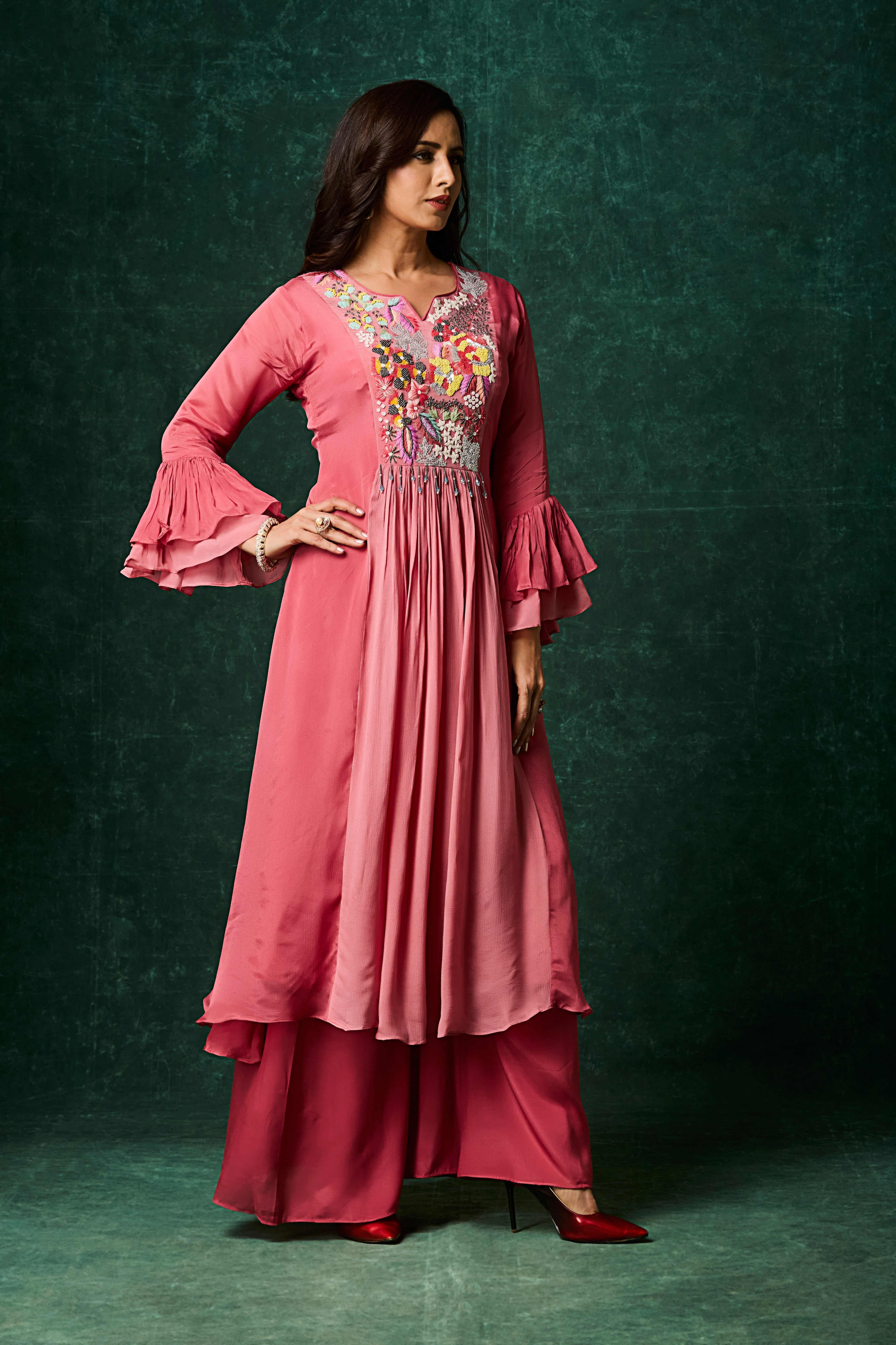 Rosewood Pink Embellished Chinon Silk Palazzo Set - Image 4