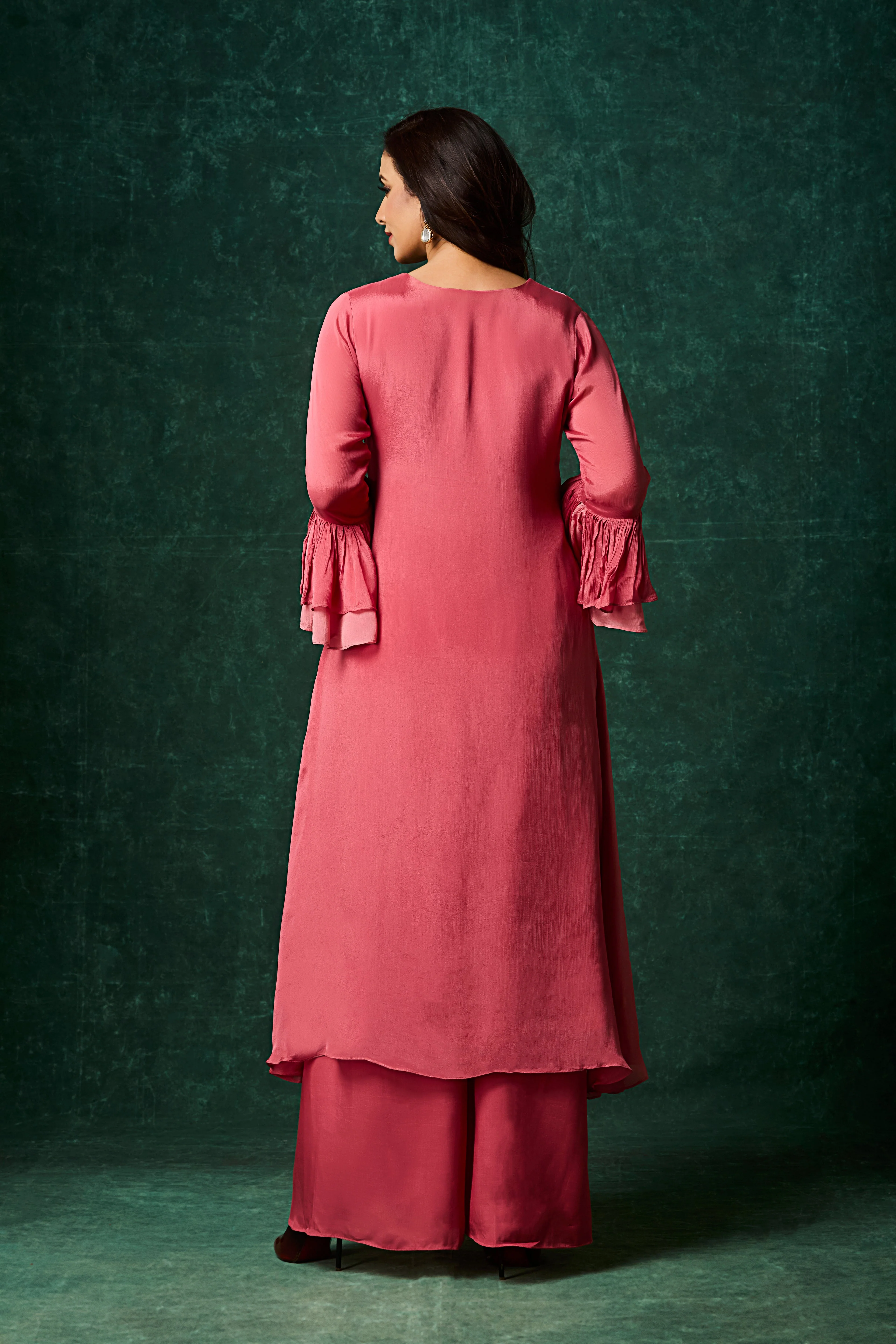 Rosewood Pink Embellished Chinon Silk Palazzo Set - Image 5