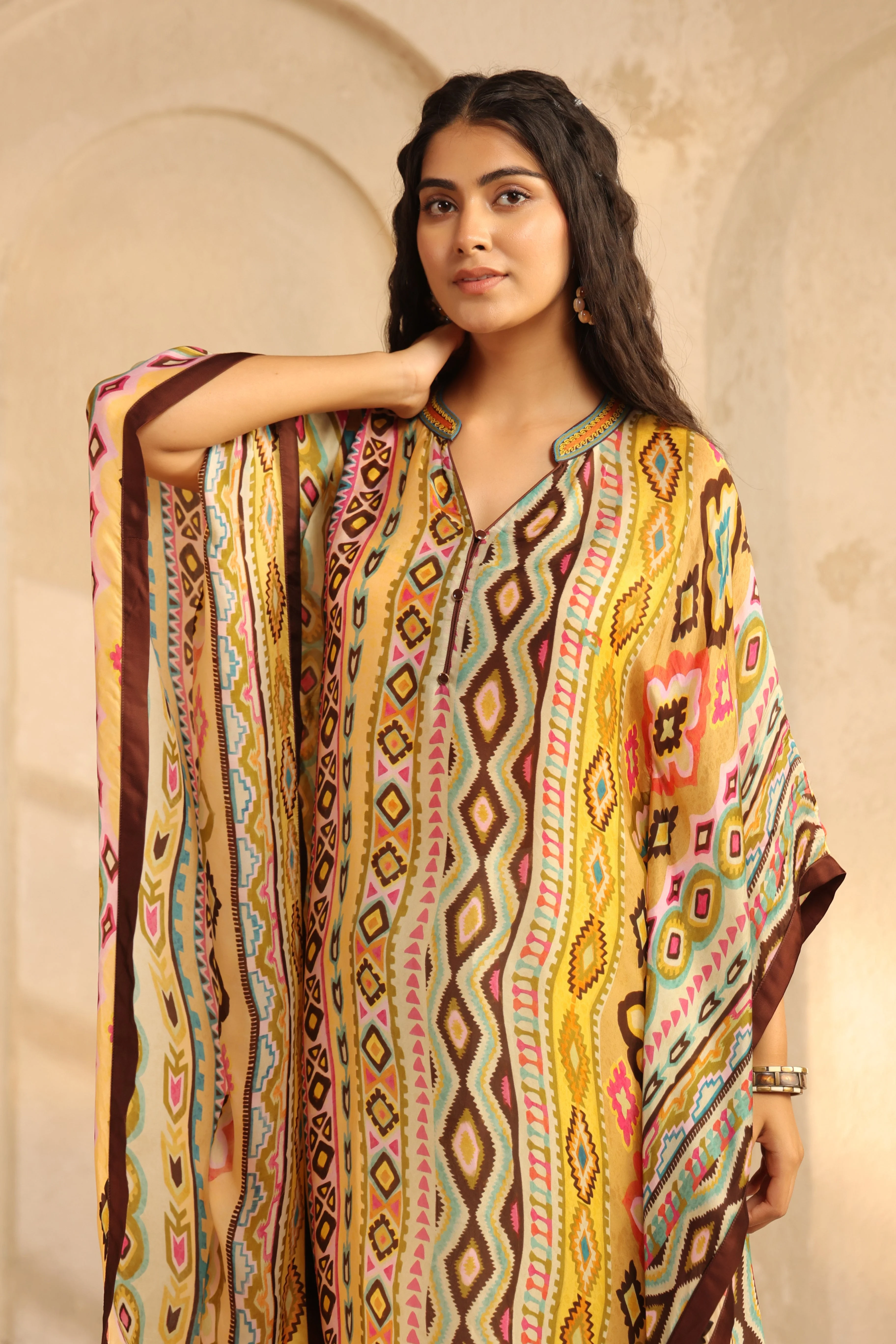Ochre Yellow Printed Satin Silk Kaftan Top - Image 2