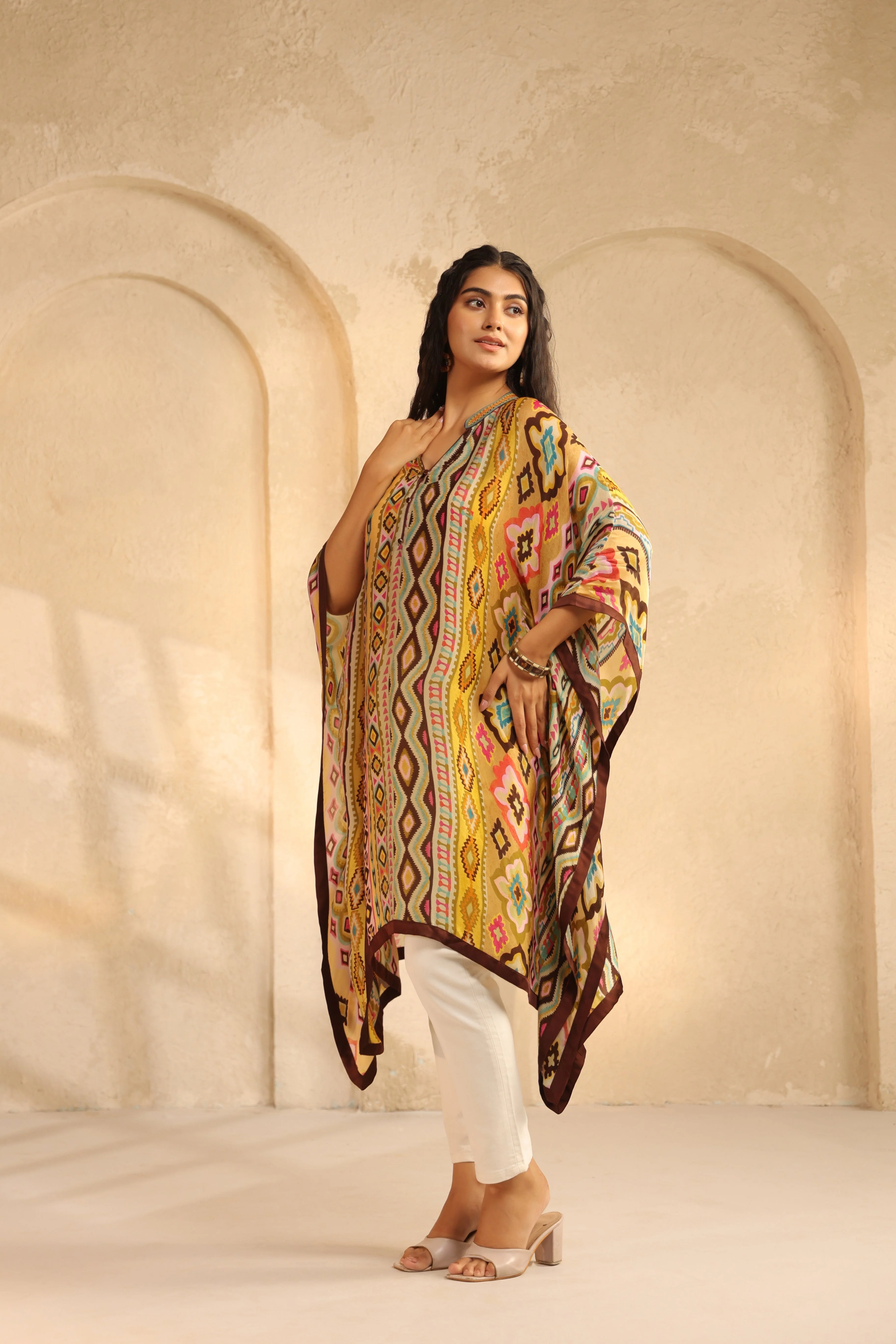 Ochre Yellow Printed Satin Silk Kaftan Top - Image 3