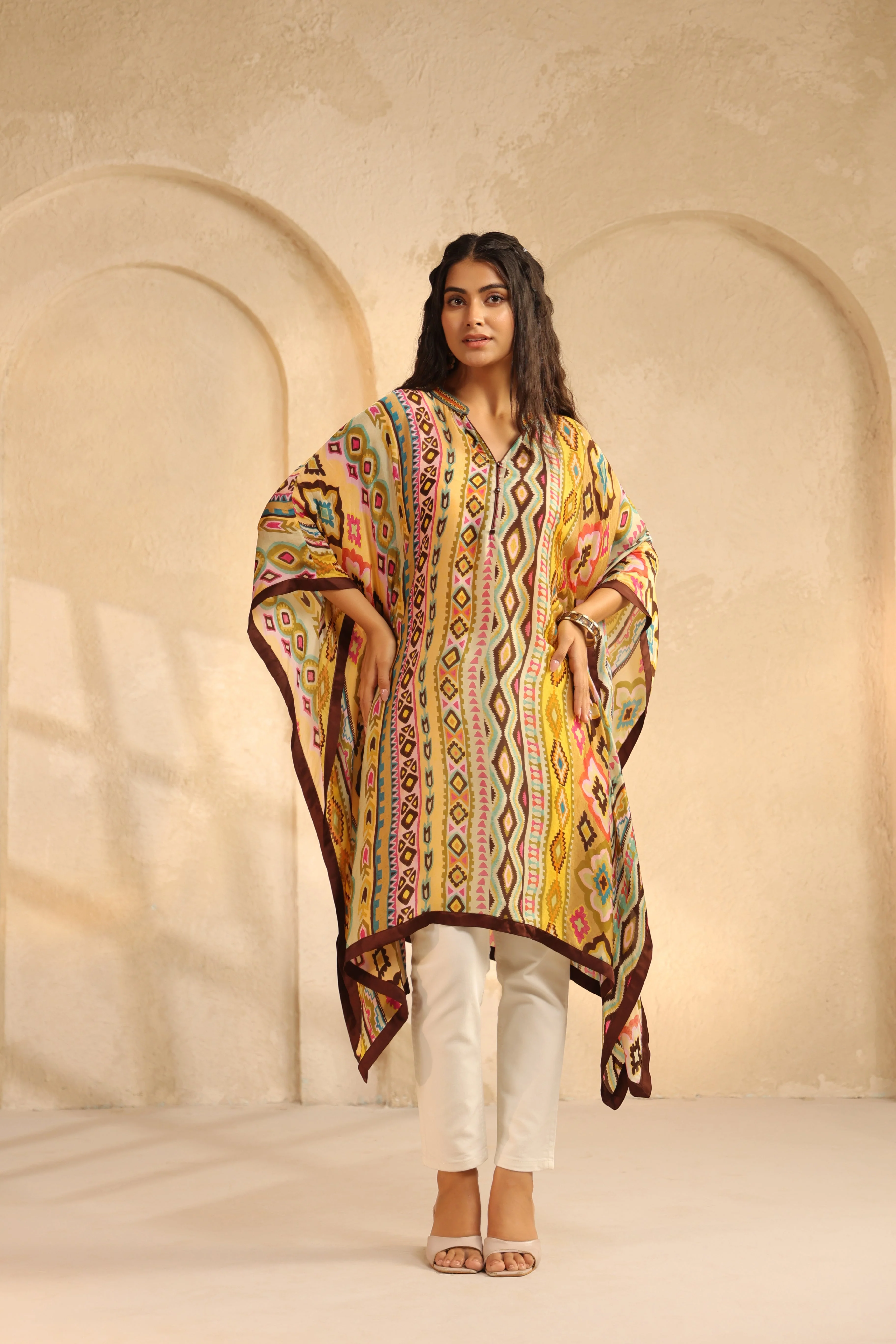 Ochre Yellow Printed Satin Silk Kaftan Top - Image 4