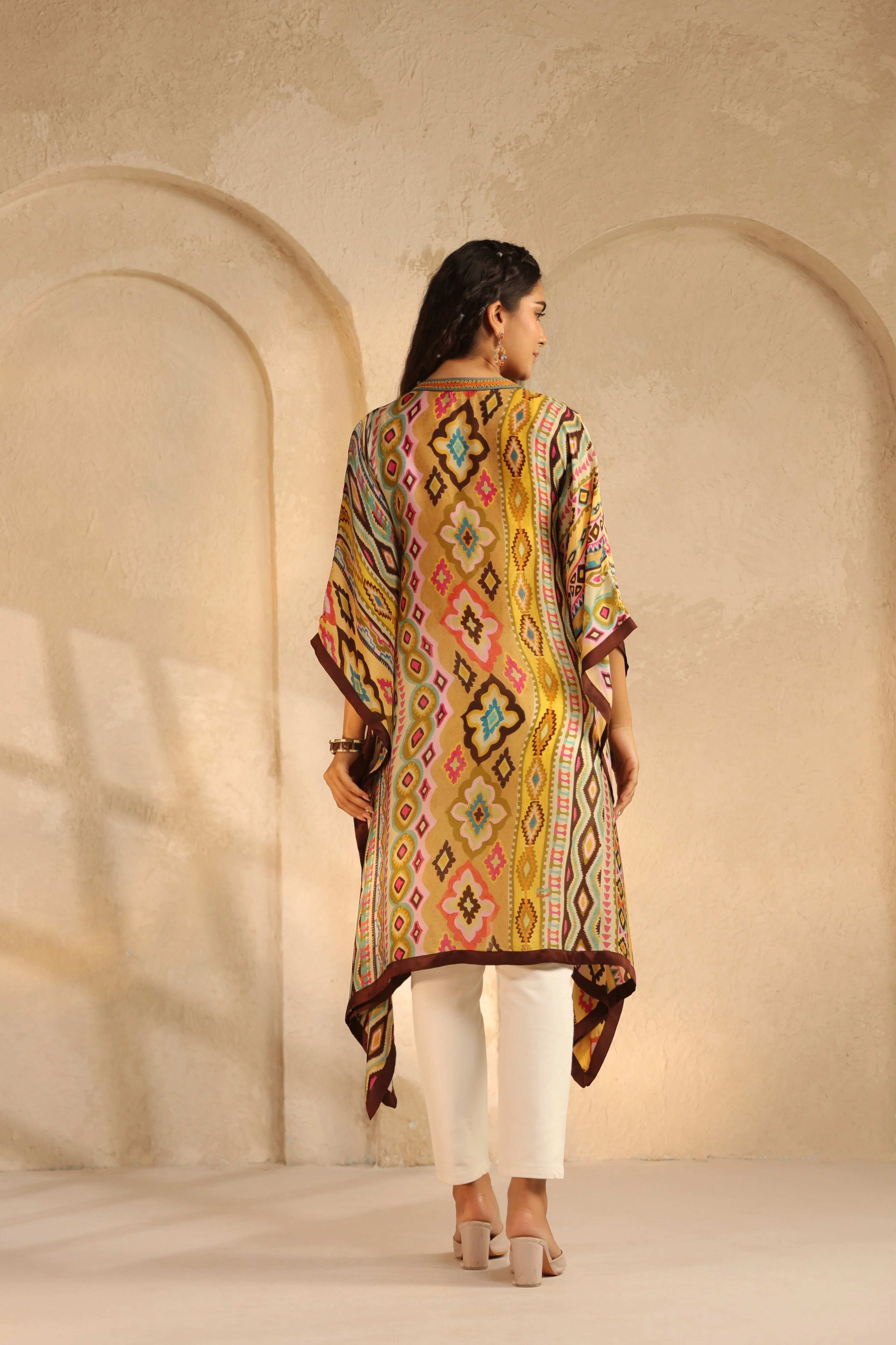 Ochre Yellow Printed Satin Silk Kaftan Top - Image 5