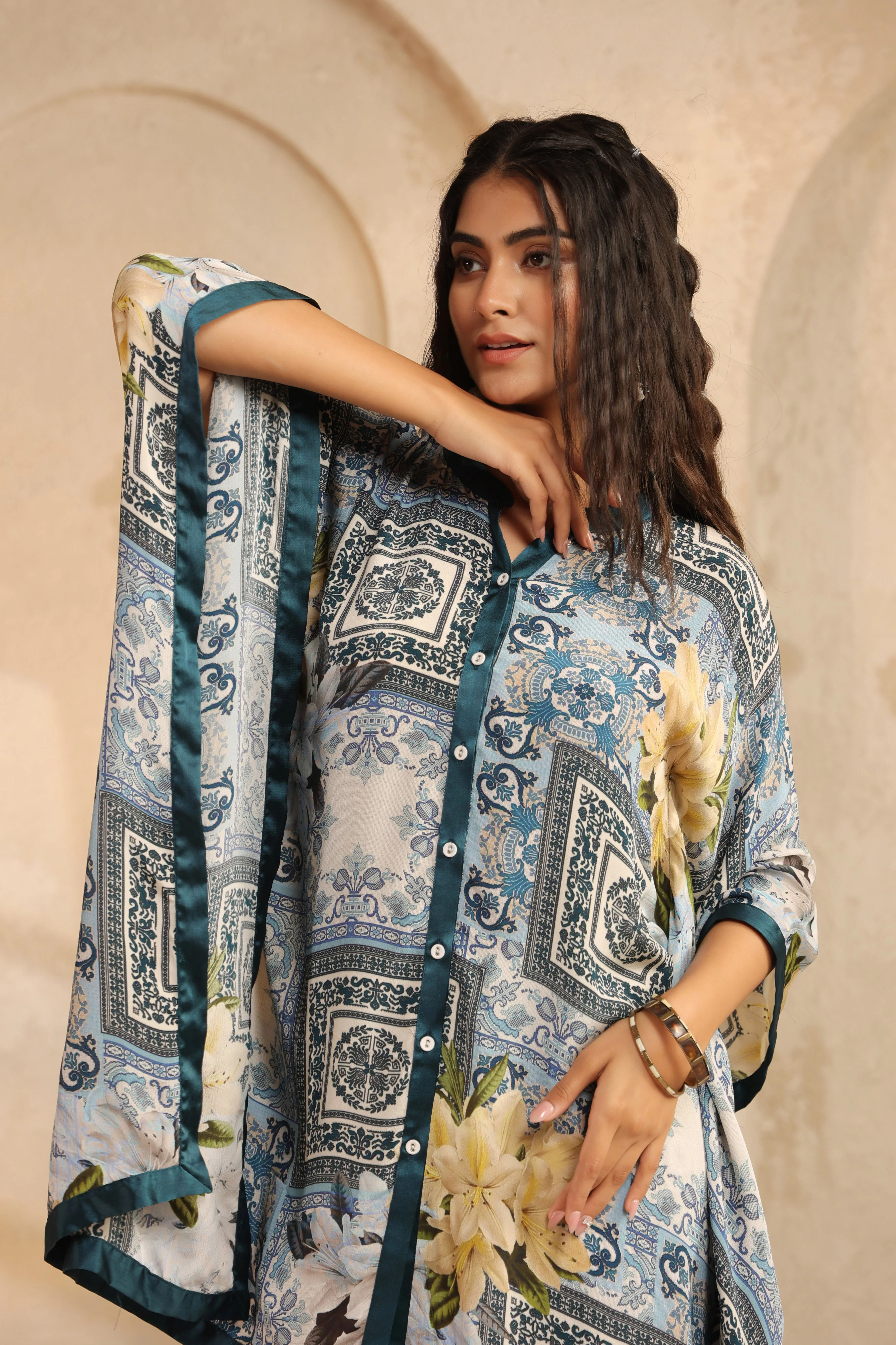 Deep Teal Printed Viscose Crepe Kaftan Top - Image 2