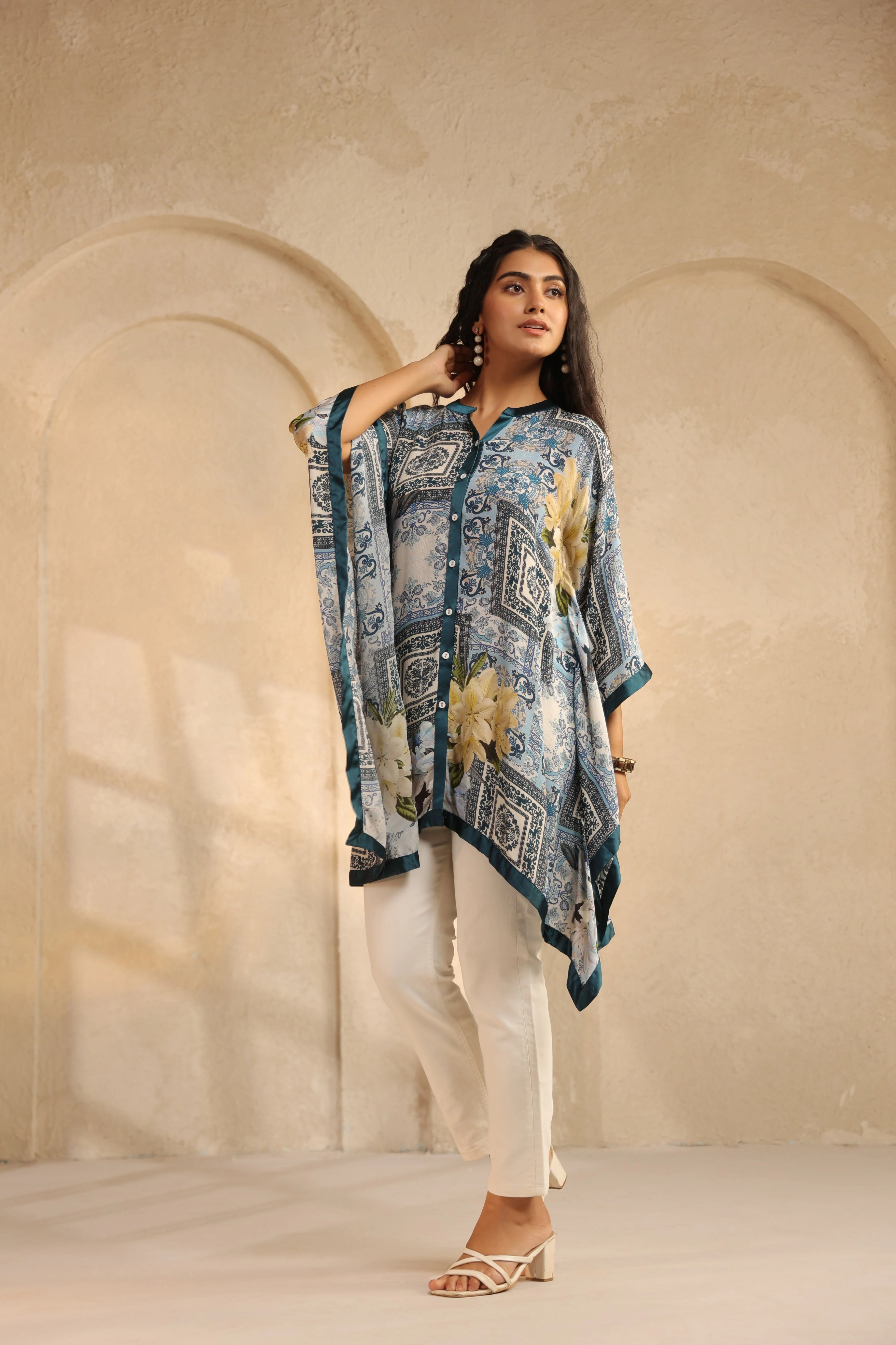 Deep Teal Printed Viscose Crepe Kaftan Top - Image 3