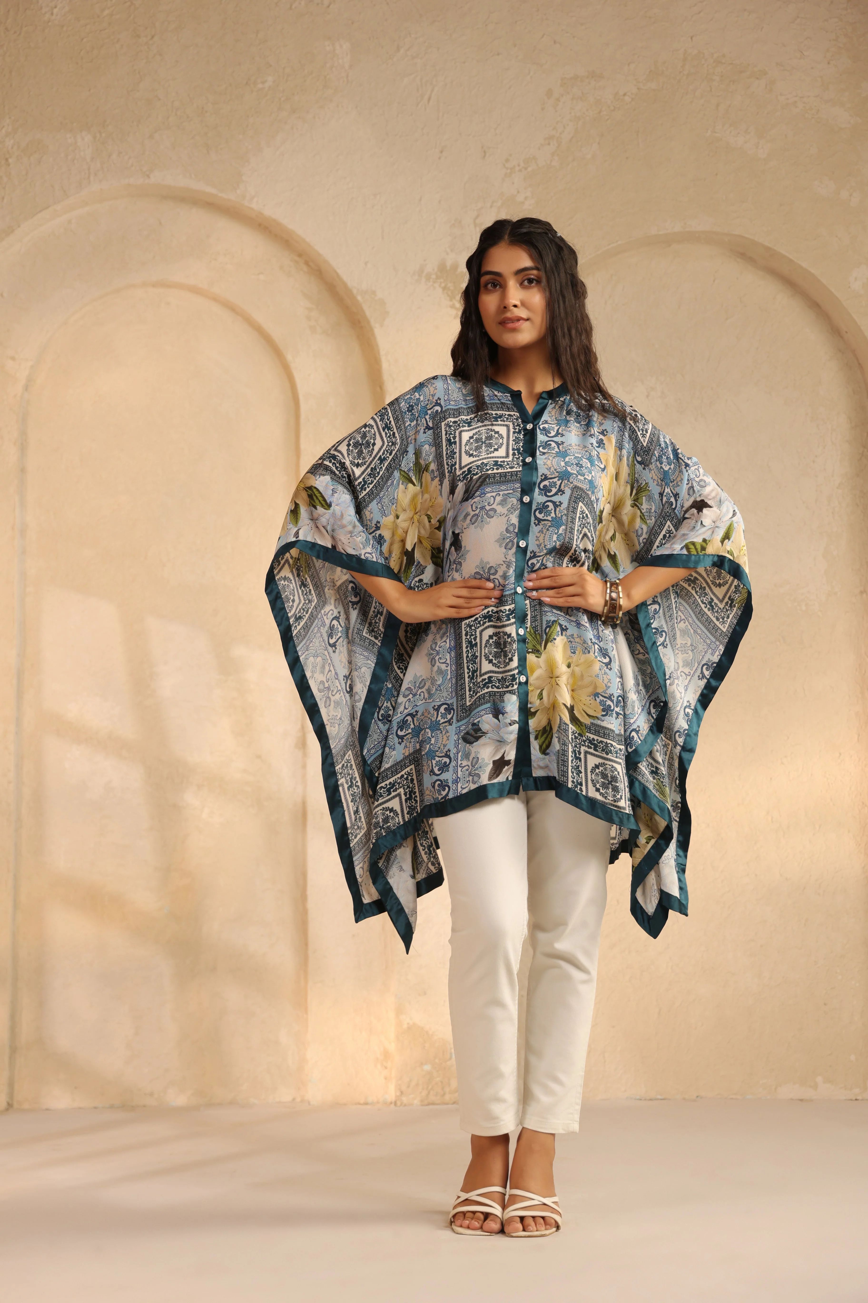 Deep Teal Printed Viscose Crepe Kaftan Top - Image 4